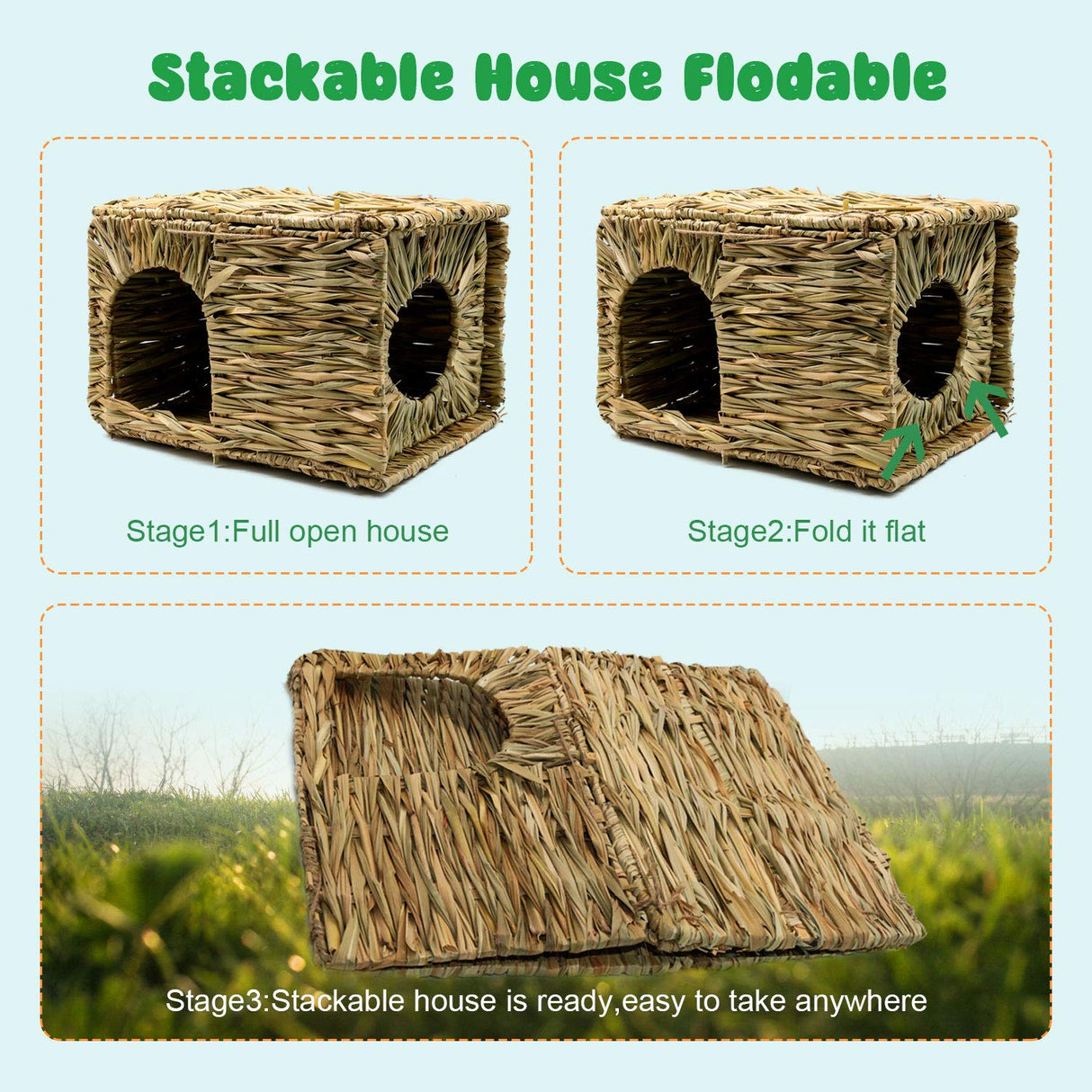 BWOGUE Extra Large Grass House for Rabbits,Hand Crafted Natural Grass Hideaway Foldable Bed Hut with Openings Playhouse for Bunny Guinea Pig Chinchilla Ferret for Play and Sleep