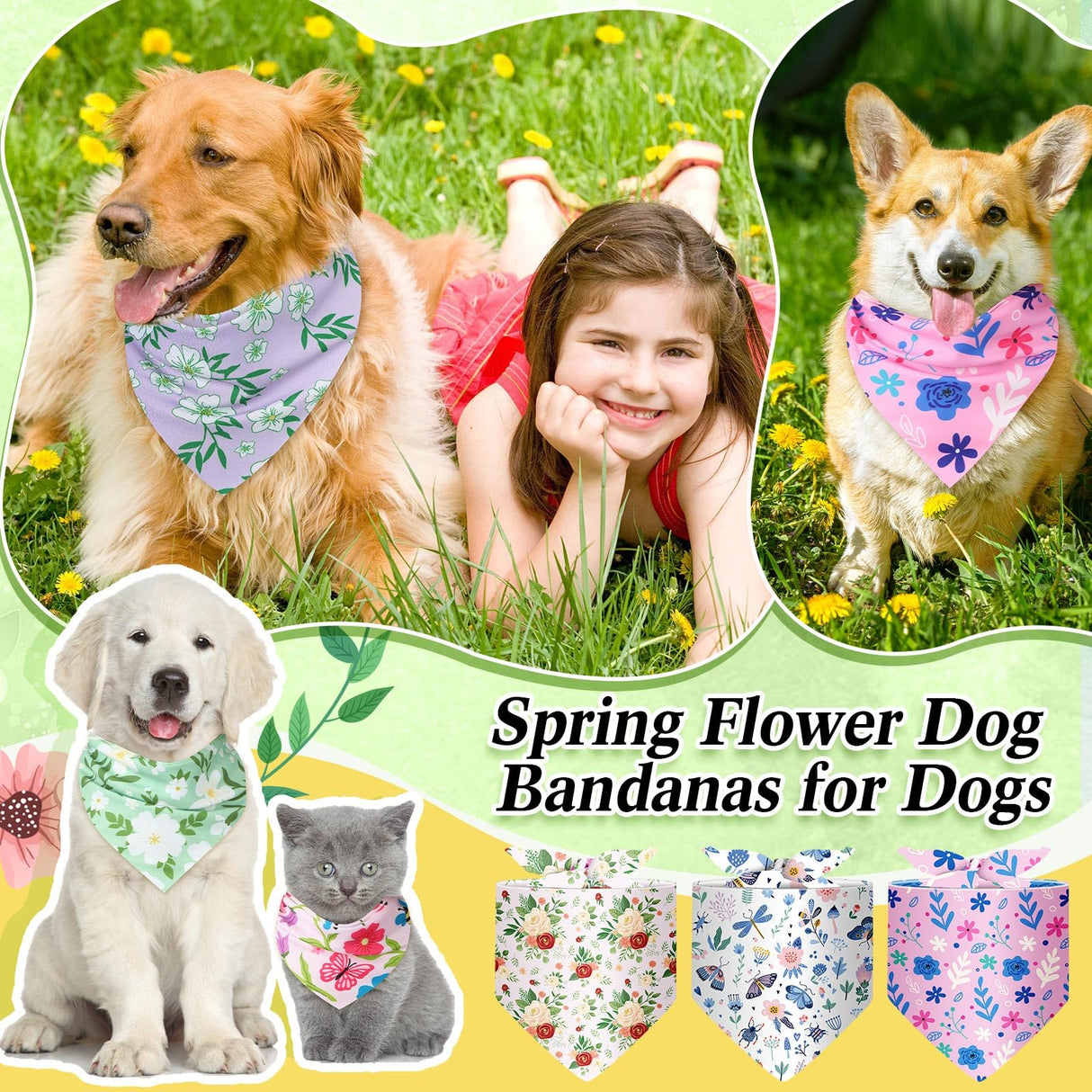 Geyoga 240 Pcs Spring Dog Bandanas Bulk St Patricks Pet Bandanas Adjustable Easter Triangle Dog Grooming Scarf Bibs Kerchief for Small Medium Large Cats Pet Costume(Floral)
