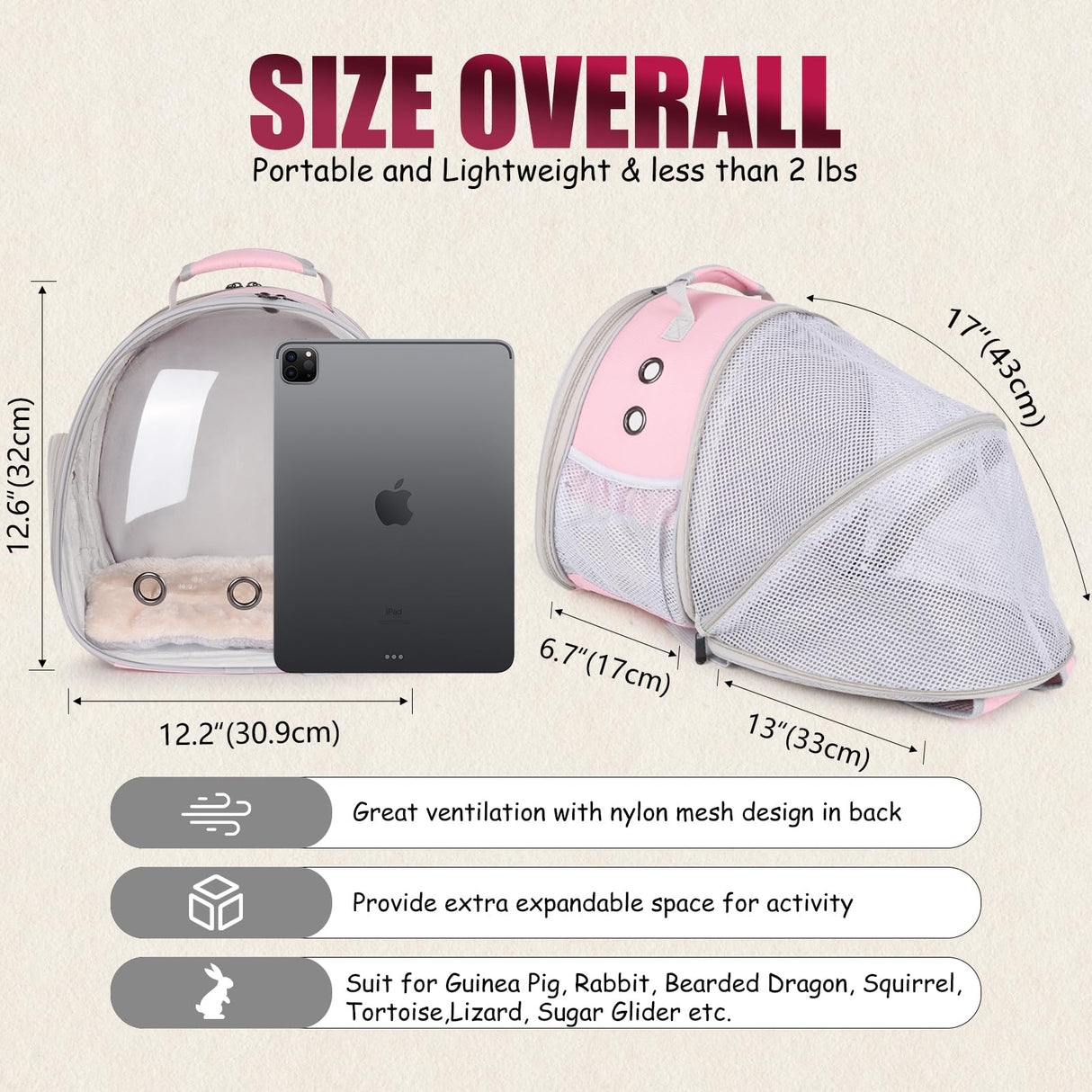 Back Expandable Backpack for Small Animals, Portable Travel Bag Breathable Pet Carrier Cages for Bunny, Guinea Pig, Bearded Dragon, Lizard, Rabbit, Squirrel, Tortoise, Kitten, Sugar Glider