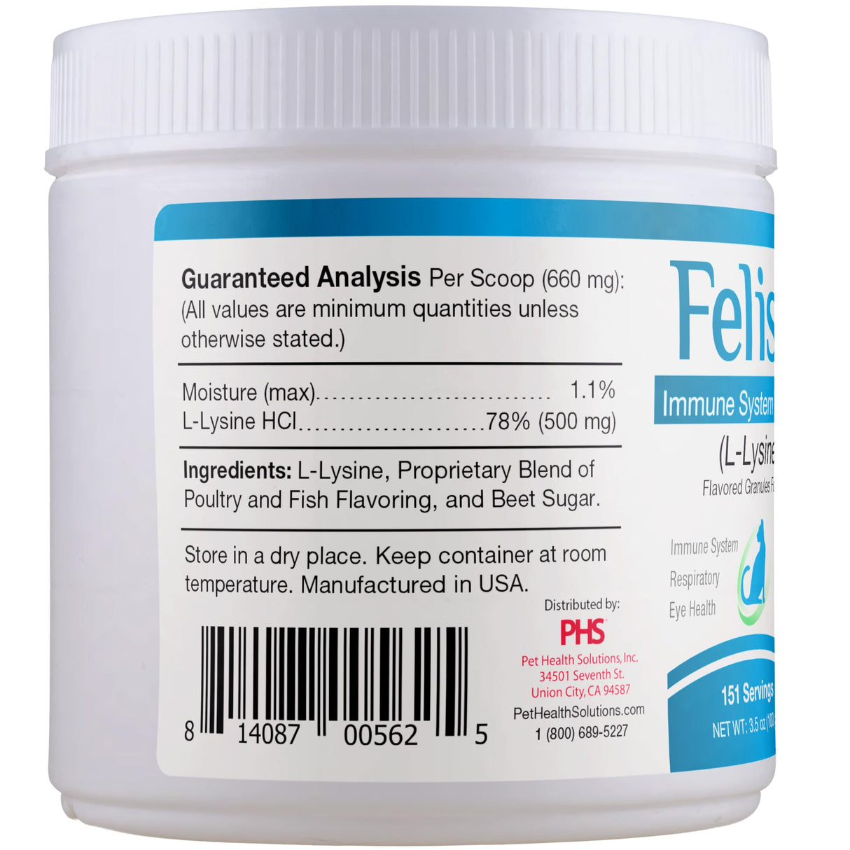 Felisyl L-Lysine Granules for Cats 100g (3.5 oz, 310 Servings) β Supports Immune, Respiratory, and Eye Health. Eases Sneezing, Runny Nose, and Watery Eyes. Tasty Salmon Flavor - Made in The USA