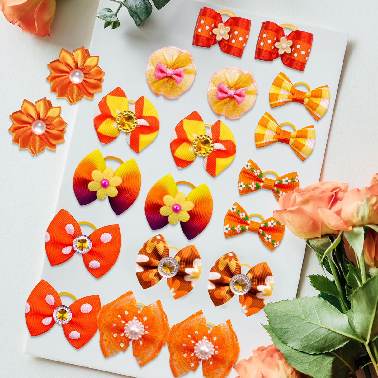 Mruq pet 100pcs Fall Pet Small Dog Hair Bows with Rubber Bands, Bulk Thanksgiving Orange Puppy Dog Grooming Bows, Handmade Pearl and Rhinestones Yorkie Dog Bows for Festival Dog Hair Accessories
