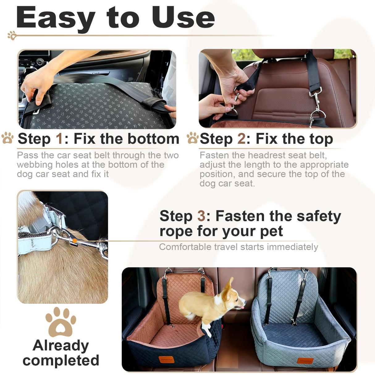 Car Dog Seat with 2 Safety Leashes,Dog Booster Seat for Small Medium Dogs 0-28lbs,Pet Car Travel Safety Bed with Storage Pockets,Non-Slip Bottom,Fully Detachable and Easy to Install(S1-Grey)