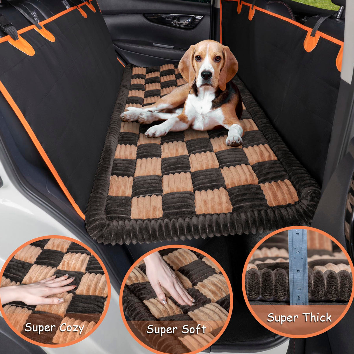 HAPYFOST Dog Bed for Car Back Seat, Non-Slip Backseat Dog Car Bed Mat, Soft Furry Travel Pet Mat, Washable Blanket Custom Fit for Backseat Extenders and Hammock Seat Covers(54"×25" Brown)
