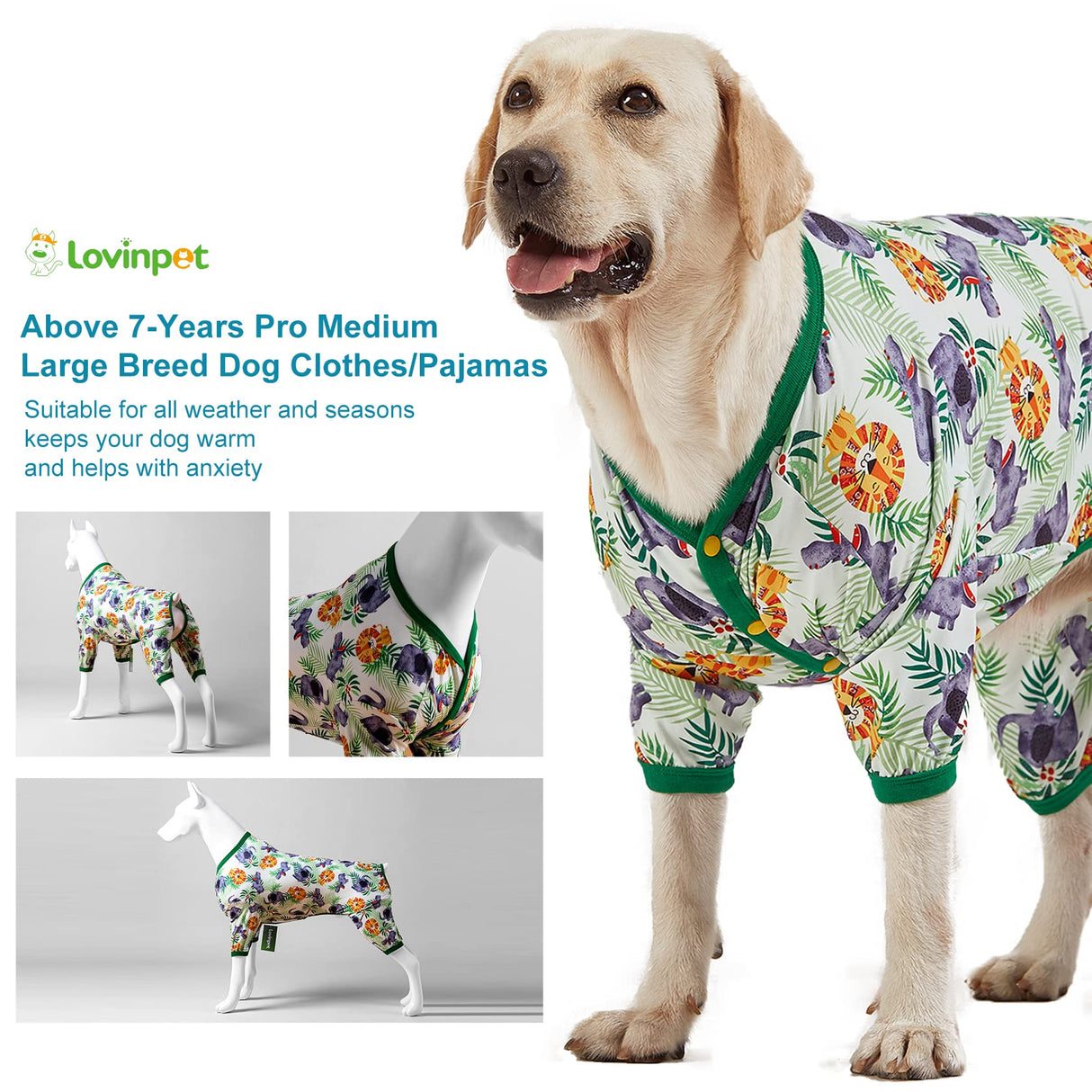 LovinPet Large Dog Pajamas Onesie: Lightweight Stretchy Knit Pullover Large Breed Jammies, Big Hippo Green Print, Wound Care/Post Surgery Dog Shirt, UV Protection, Pet PJ's, Dog Onesie/L