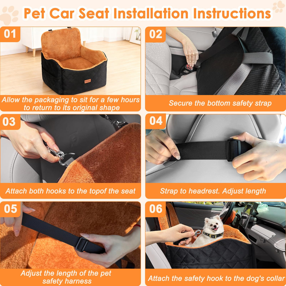Vivifying Dog Car Seat for Small and Medium Dogs, 4" Booster Pet Car Seat with Safety Strap, Plush Travel Dog Bed for Car with Storage Pocket, Detachable Washable Cover, Fits Dogs up to 35lbs (Black)