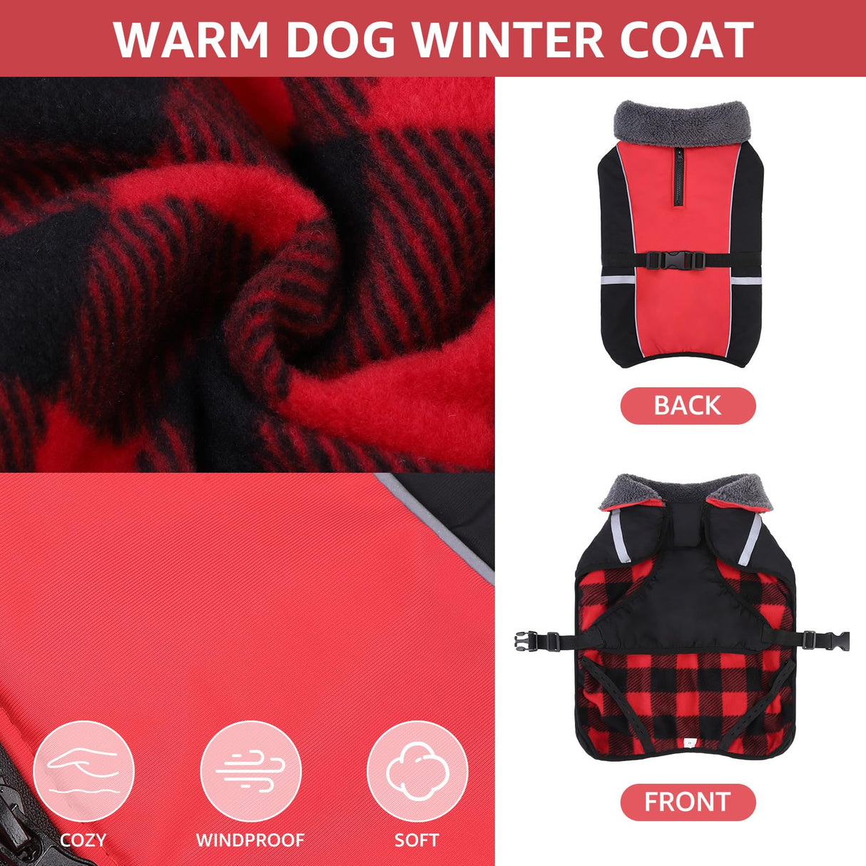 SCENEREAL Warm Dog Coat - Waterproof Dog Jacket for Large Dogs, Fleece Vest with Adjustable Buckle & Leash Hole, Windproof Reflective Cold Weather Coats for Small Medium Large Dogs, XL