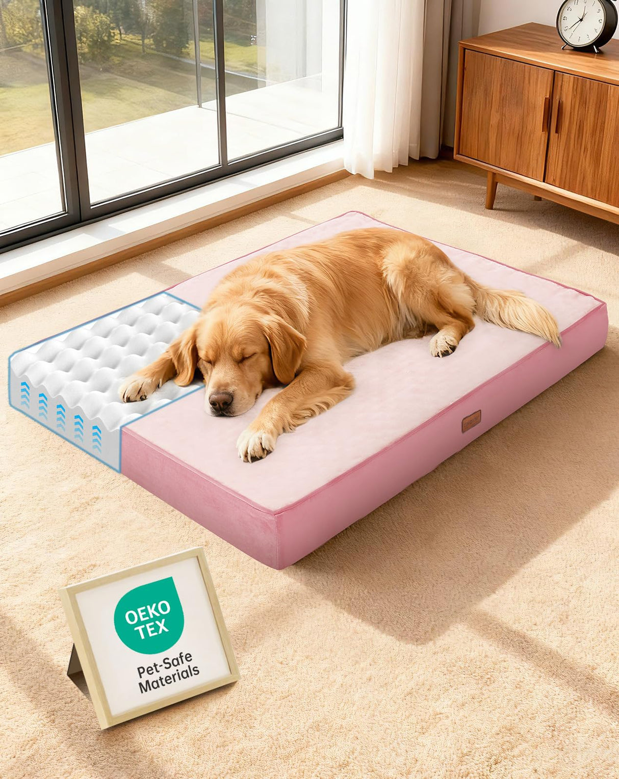 OhGeni Orthopedic Waterproof Dog Bed for Large Dogs, Machine-Washable Removable Cover in Easy-Clean Fabric, High Density Foam & Easy-Carry Handle, Wider and Larger, 44 inch (Pink)