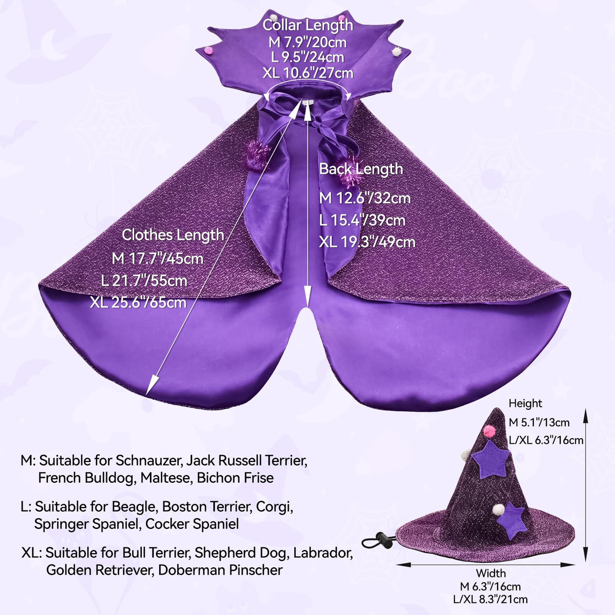 Vehomy Halloween Dog Costume Dog Witch Cape Witch Hat Set Pet Wizard Cloak Vampire Devil Outfit Puppy Cat Halloween Cloak Devil Clothes Outfit Apparel Cosplay for Small Medium Large Dogs 2Pcs XL