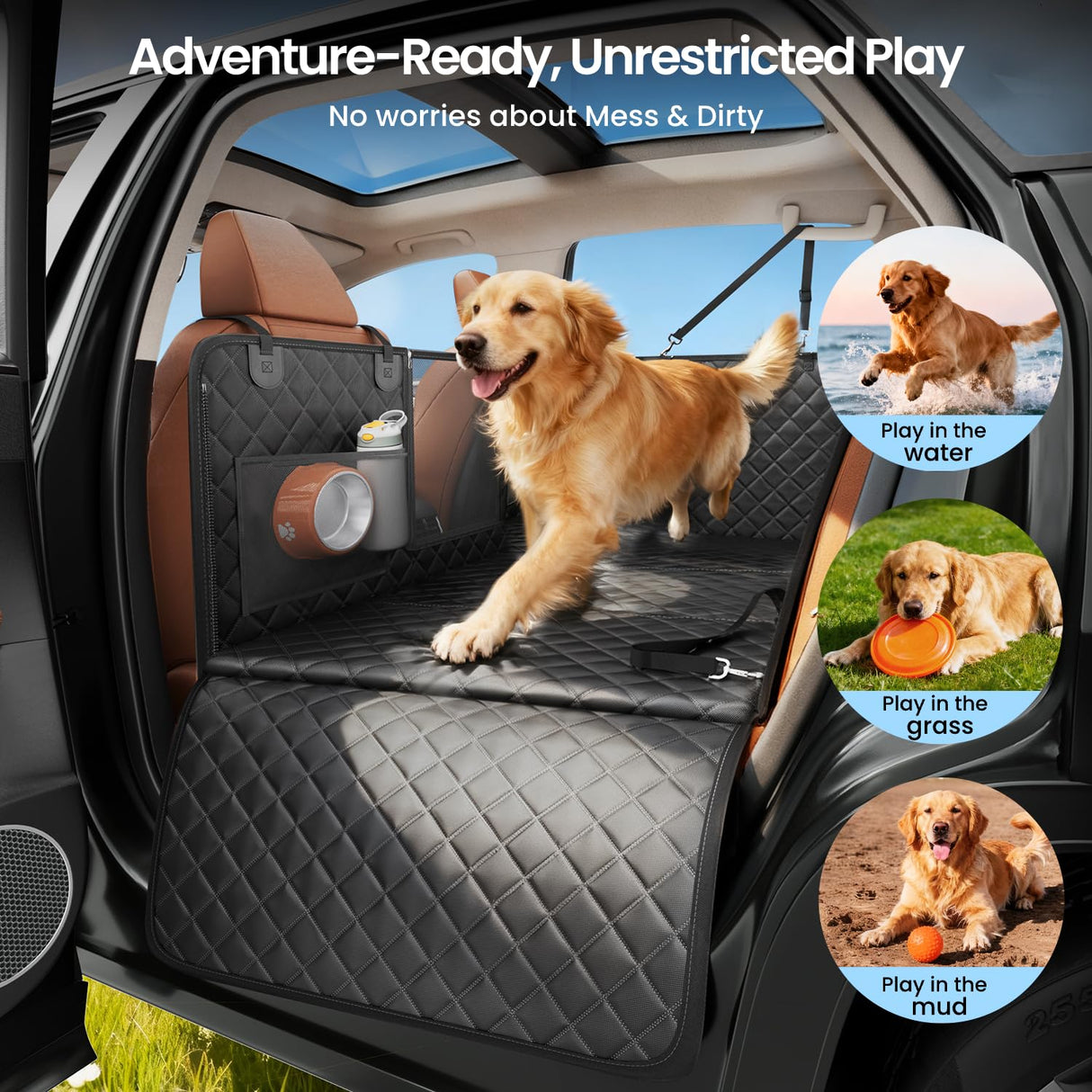REEVAA 2.0 Hard Bottom Back Seat Extender for Heavy-Duty Dogs, Dog Car Seat Cover with Cushion Sponge, Waterproof Dog Hammock with Mesh Window for Car, Universal Fits for SUV/Small Truck, L, Black
