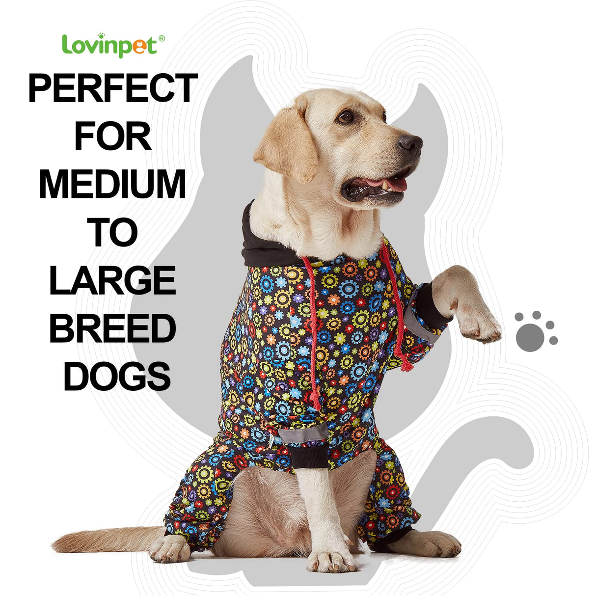 LovinPet Large Big Dog Onesies, Wound Care/Post Surgery Dog Shirt, Stop Shedding for Dogs, Pet Anxiety Relief Pajamas, PJ's for Dogs, Reflective Stripe, Gears and Black Print, Pet PJ's, L