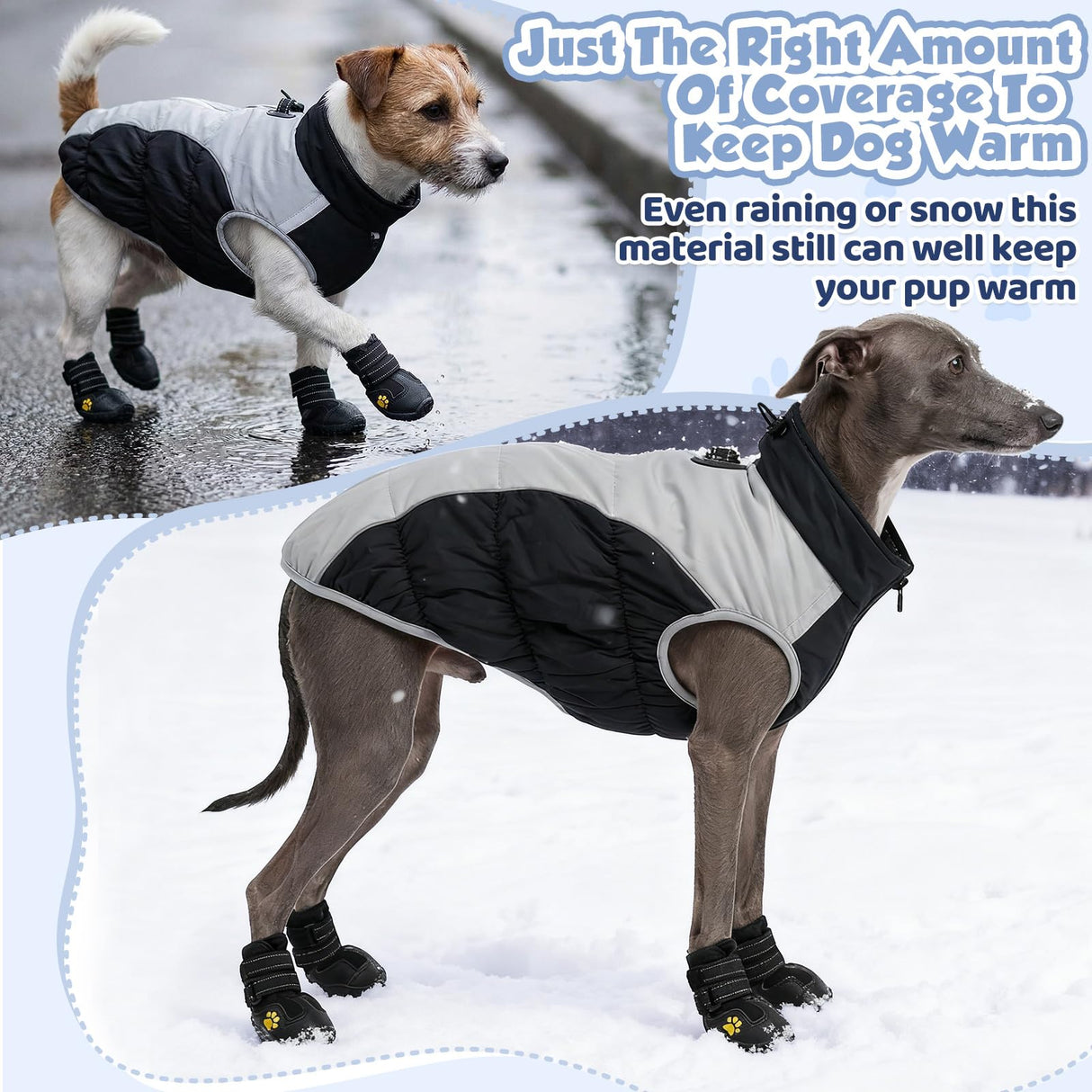 Thinkday Dog Coat and Boots Set for Weighing 23-35lbs, Waterproof Winter Jacket Paw Protectors with Harness Leash Hole, Reflective Vest, Snowsuit Coats, Rugged Anti Slip Dog Shoes Cold(Black, L)