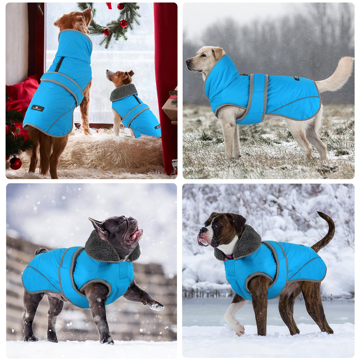 Dogcheer Dog Coat, Waterproof Dog Jacket Reflective Pet Winter Coat with Adjustable Hook & Loop, Christmas Puppy Fleece Jacket Warm Turtleneck Snowsuit for Small Medium Large Dogs - Sky Blue, L