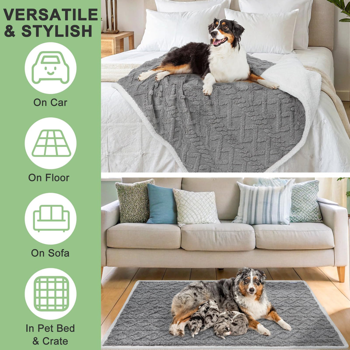 BEAUTYZOO Waterproof Dog Blankets for Medium Large Dogs Washable- Reversable Dog Blanket for Furniture, Sofa, Couch, Crate, Car- Soft Sherpa Dog Throw Plush Pet Bed Blanket Cat Puppy, 40"x60" Grey