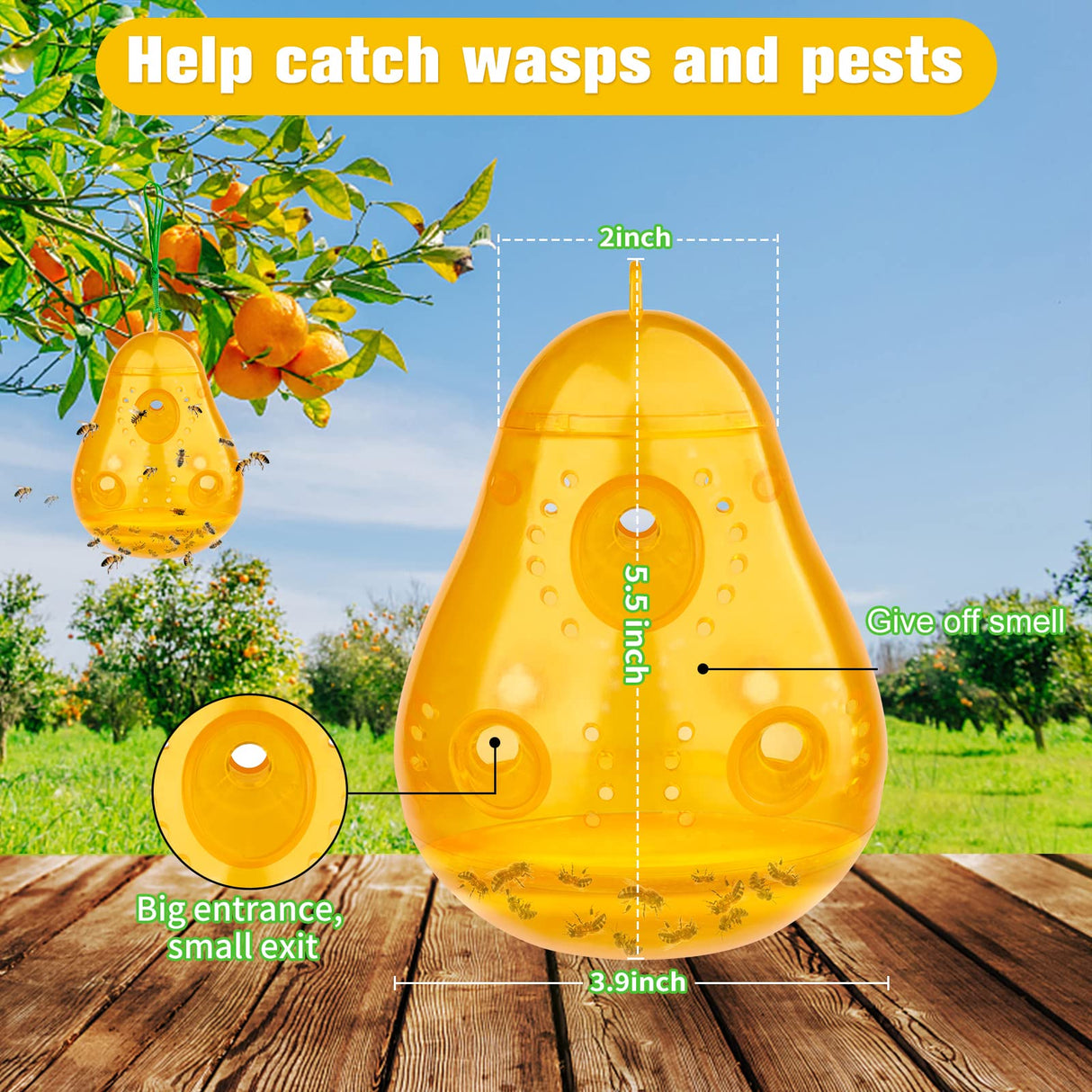 Wasp Traps Outdoor Hanging, Bee Traps Repellent Yellow Jacket Catchers Killer for Outside, Hornet Deterrent Non-Toxic Reusable Hanging Wasp Traps Pear Shape (2 Pack, Orange)