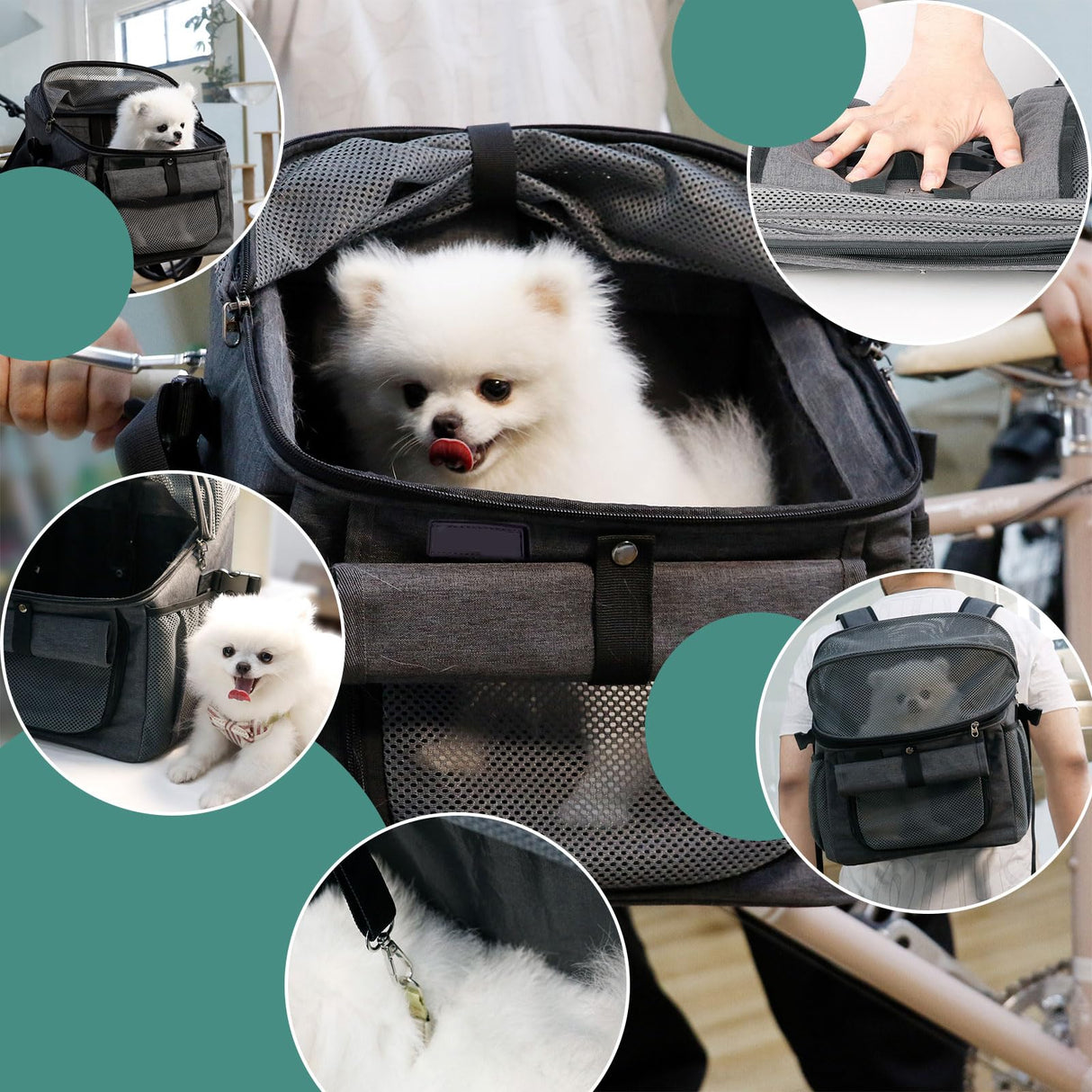 Dog Bike Basket, Soft-Sided Dog Bike Carrier Backpack, Cat Bicycle Basket, Multifunctional Pet Bike Basket Detachable Adjustable Single Shoulder Strap, Foldable Pet Travel Bag for Small Cats and Dogs