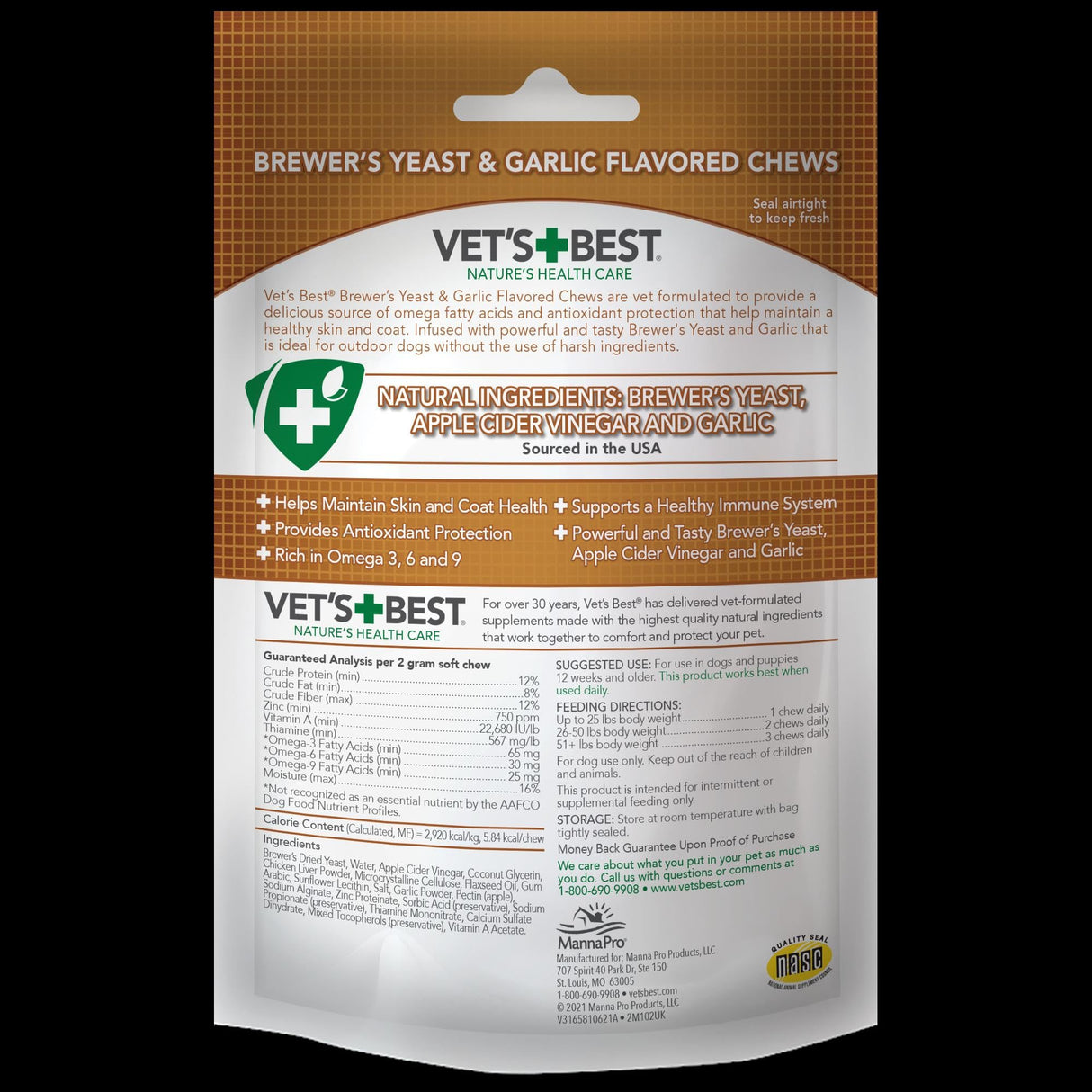 Vet's Best Brewer’s Yeast & Garlic Chews, Omega 3 for Dogs Healthy Skin & Coat Protection for Dogs, Dog Formulated with Veterinary Recommended Dosage, Garlic Supplements, 60 ct