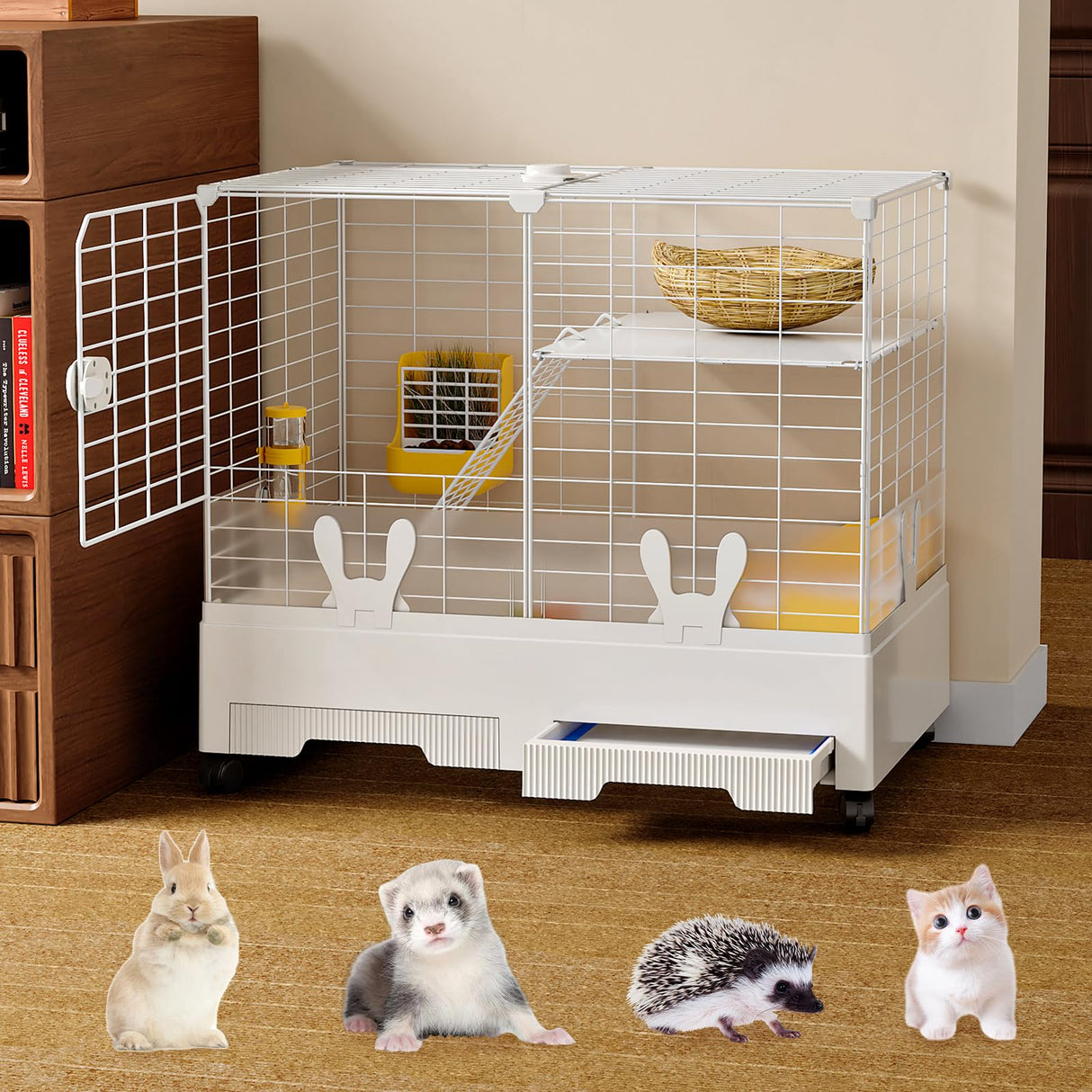 Oneluck Rabbit Cage Indoor,Loft Bunny Hutch with Urine-Proof Wall,Leak-Proof Trays, Wheels 28.7" L x 18.1" W x 25.6" H for Rabbits Chinchillas, Guinea Pig and Small Animal
