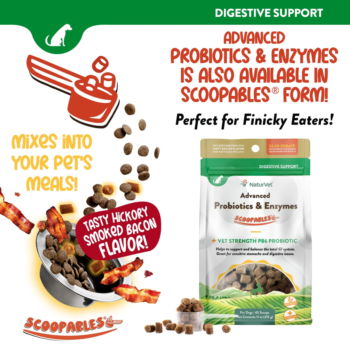 NaturVet Advanced Probiotics & Enzymes, PB6 Dog Soft Chews to Help Sensitive Stomachs and Digestive Issues, Hickory Smoked Bacon Flavored Pet Supplement for Dogs Over 6 Weeks, 70 Count Jar