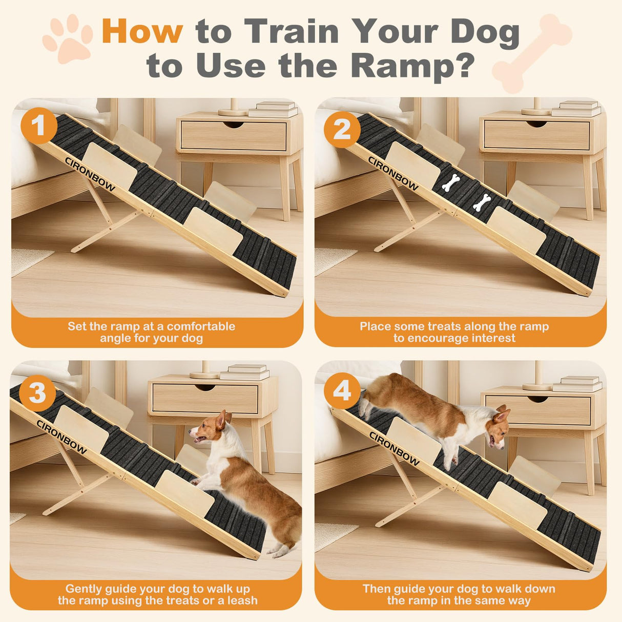 Upgraded Dog Ramp for Bed, Couch, Car, Foldable Pet Ramp, Non-Slip Pad & Safety Baffle-6 Adjustable Height 12" to 30", Portable Stable Pet Steps for Small & Medium Old Dogs & Cats 