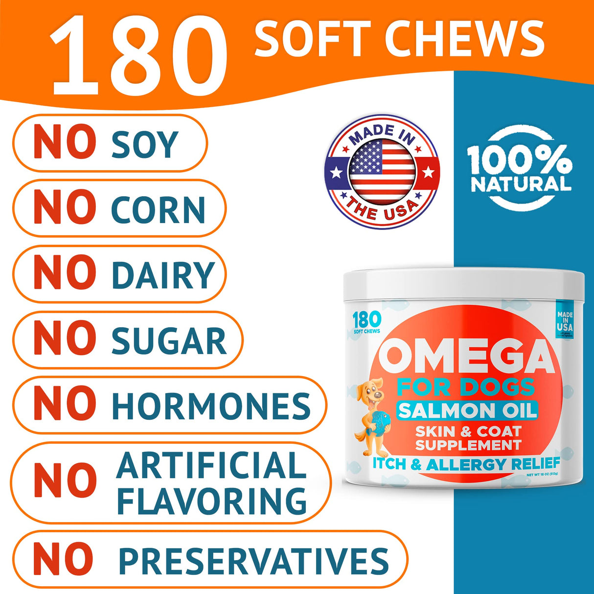 Omega 3 Fish Oil for Dogs (180 Ct) - Skin & Coat Chews - Dry & Itchy Skin Relief + Allergy Support - Shiny Coats - EPA&DHA Fatty Acids - Natural Salmon Oil Chews Promotes Heart, Hip & Joint Support