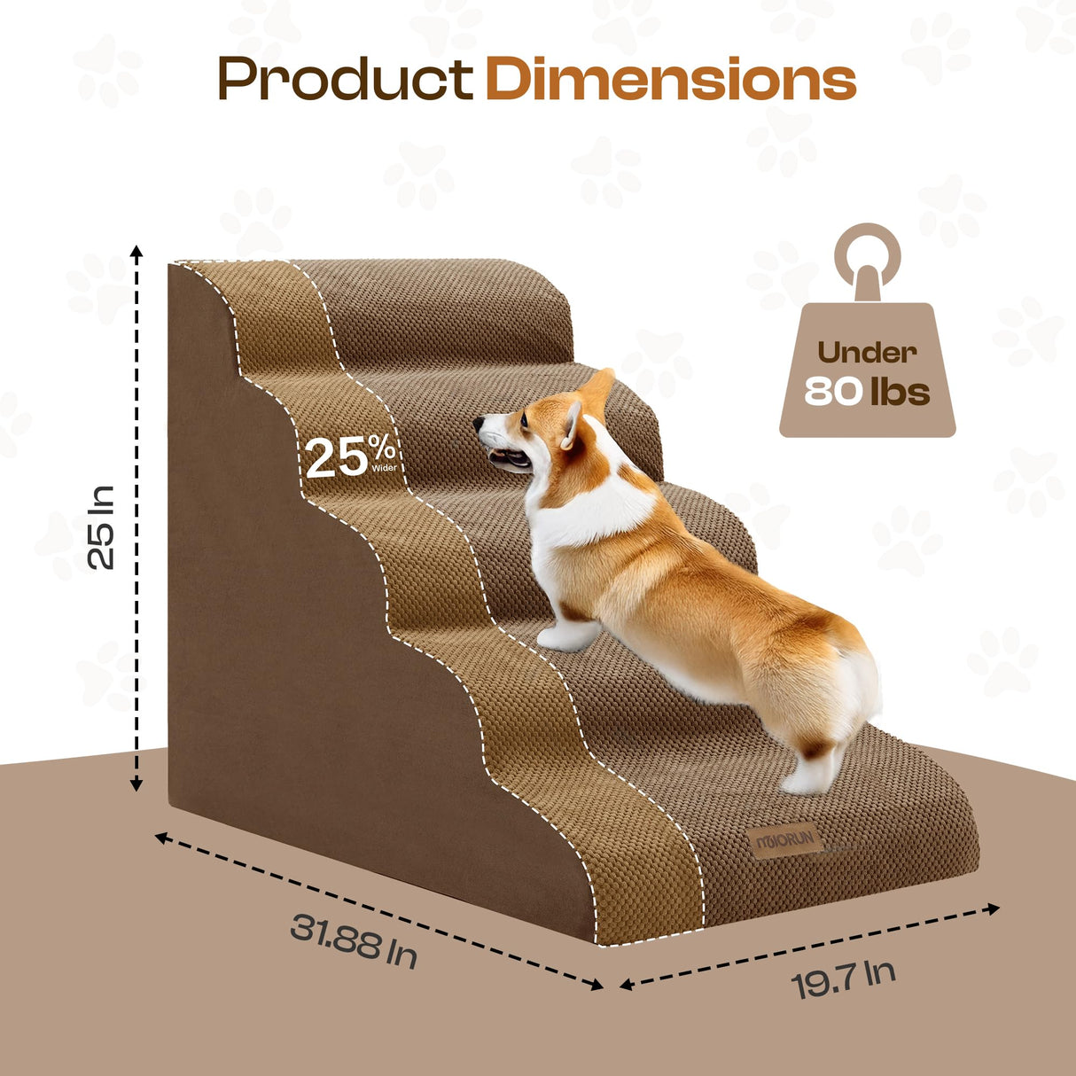 Miorun Extra Wide Dog Stairs for Large Dogs Up to 80lbs, 25" Pet Steps for High Bed with Washable Cover, 5-Step Foam Bed & Couch Ladder for Small Medium Dogs & Senior Cat, Coffee