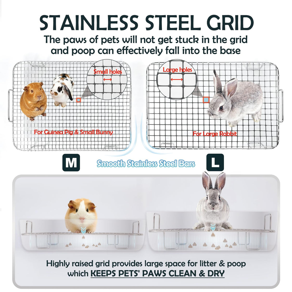 MEEXPAWS Rabbit Litter Box Stainless Steel, Large Bunny Litter Box with Raised Grid and Washable Pee Pad, Metal Litter Pan High Side for Rabbit,Small Animal Toilet Potty Tray Easy Cleaning,Less Stink