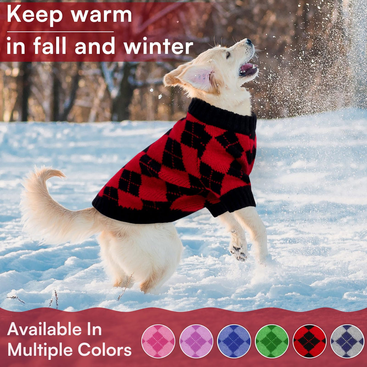 Queenmore Medium Dog Sweater, Dog Sweaters for Medium Dogs Girls Boys, Christmas Clothes for Doggie, Warm Cozy Knit Pullover with Plaid Pattern, Soft Pet Winter Jacket (Red,M)