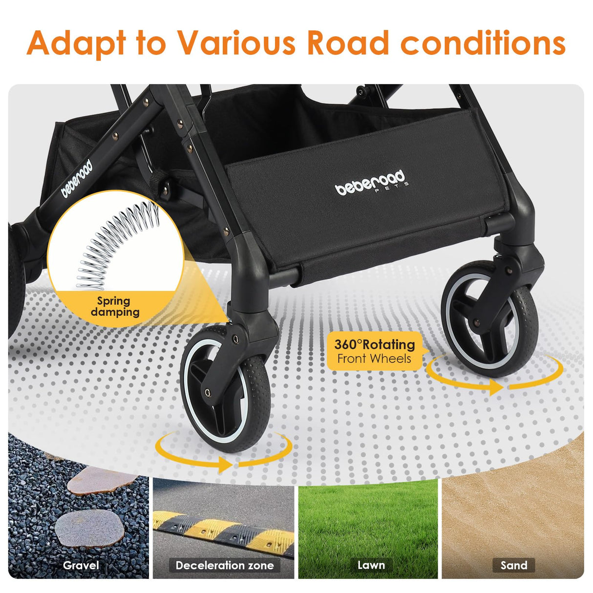 Beberoad Pets X2 Pet Stroller, Dog Cat Stroller for Small Pets, Equipped with Detachable & One-Click Folding Carrier, Waterproof Pad & Sunshade Canopy,Camel