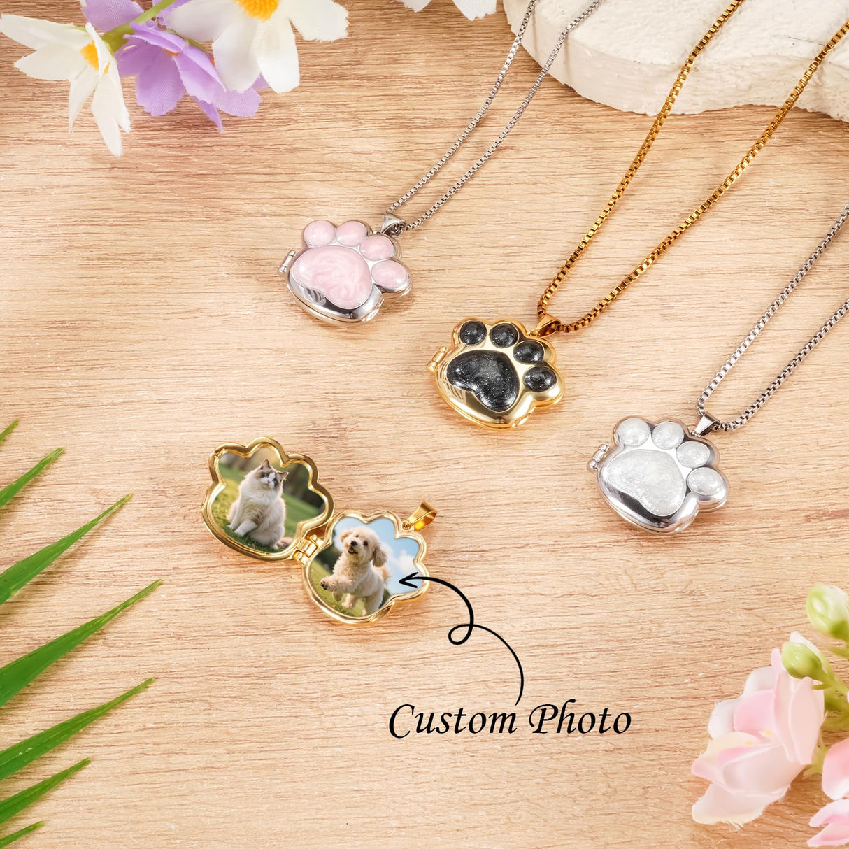 KAGREC Customize Pet Paw Print Locket Necklace for Women Men Personalize Paw Memorial Necklace for Dog Cat Pet for Memorial Gift-Gold White