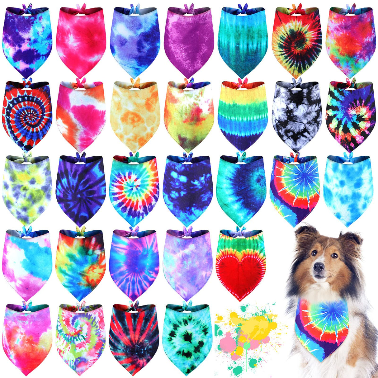 Silkfly 30 Pcs Winter Tie Dye Dog Bandanas Bulk Valentines Rainbow Spiral Bandanas for Dogs Triangle Kerchief Bibs Scarf for Pet Holiday Travel Costume Photo Prop Accessories, 30 Style(Extra Large)