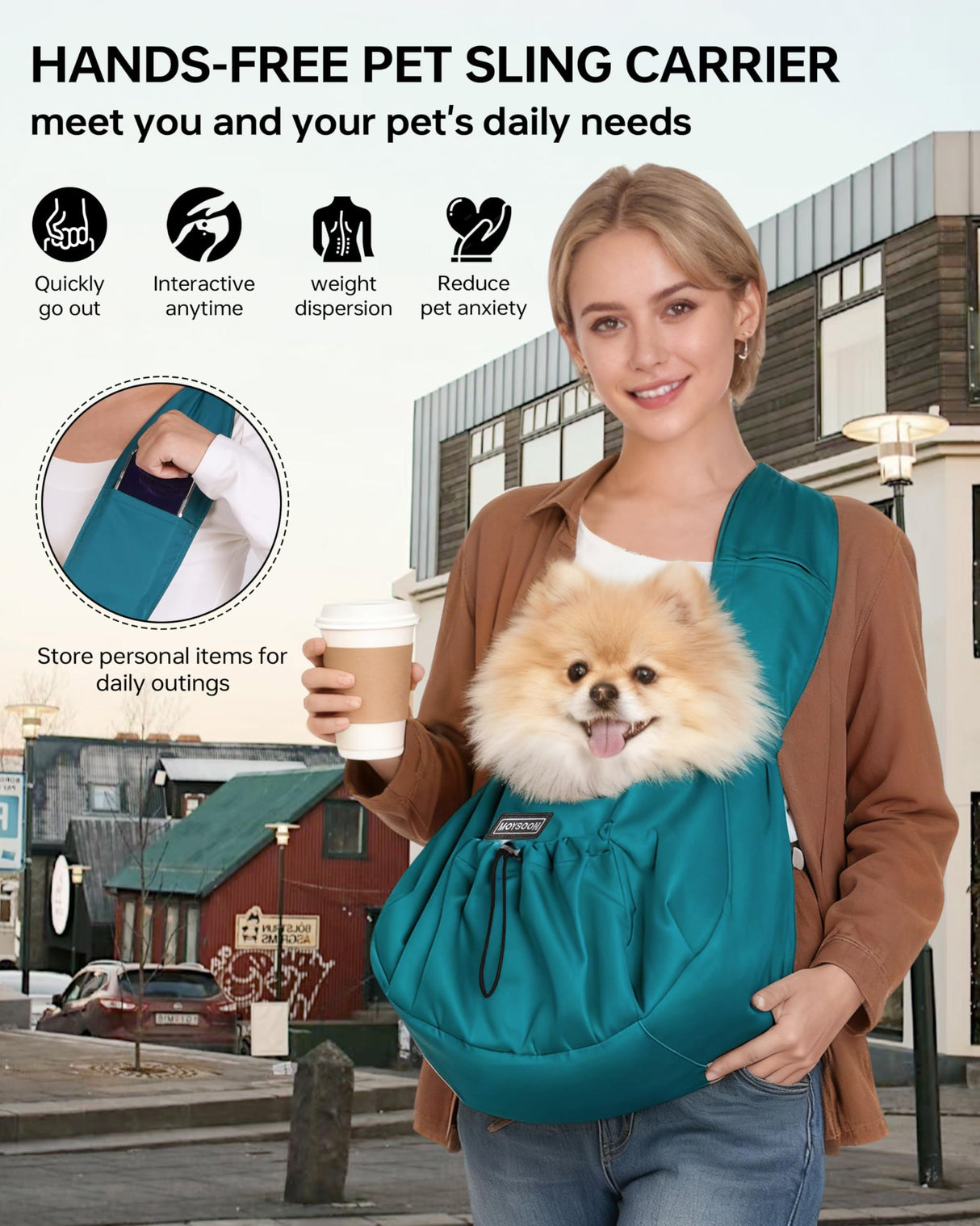Puppy Sling Carrier for Small Dog-Widened and Thickened Shoulder Strap with Storage Pocket, Adjustable Hands-Free Small Dog Carrier Sling for Outdoor, Cat & Dog Sling Carrier 7-15 lbs,(Peacock Blue).