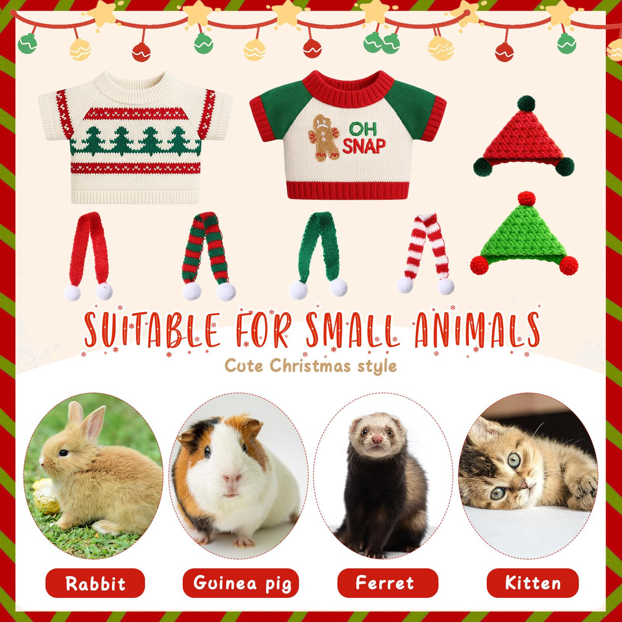 Sunnymove 24 Pcs Christmas Guinea Pig Clothes Includes 8 Guinea Pig Stuff Warm Sweaters, 8 Hand-Knitted Mini Hats, and 8 Cute Little Scarves for Hamster Bunny Small Animal Warm Costume