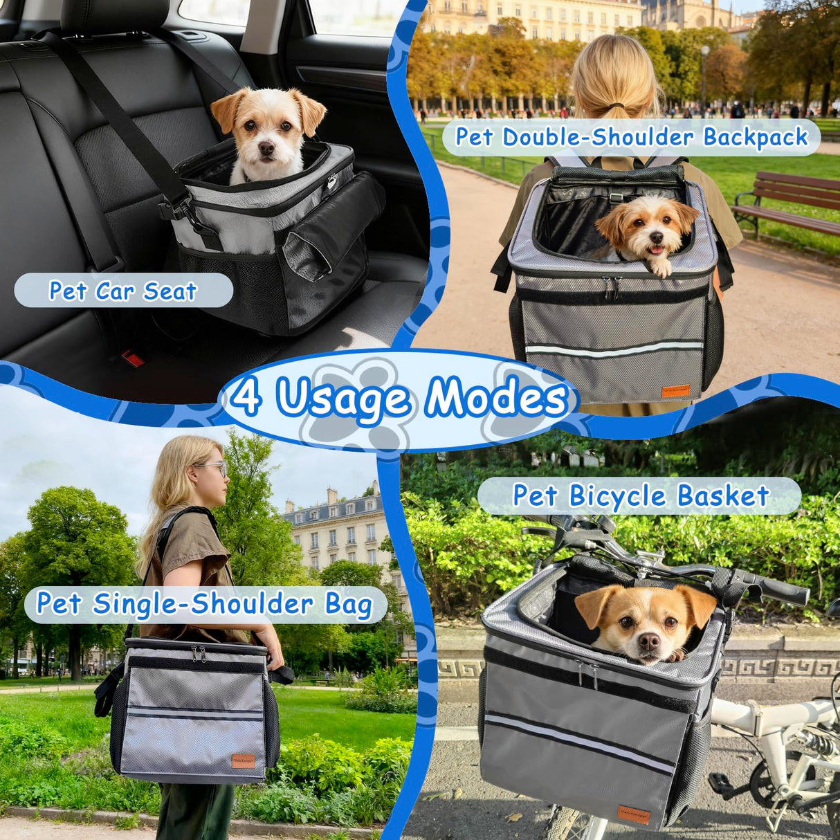 VeluXanipyr Dog Bike Basket,Cat Backpack Carrier,Dog Bike Carrier Hard,Pet Car Seat with Extended Single Shoulder Strap,Pet Shoulder Bag with Pet Bath Brush,Disposable Pee Pads 5pcs,Gray