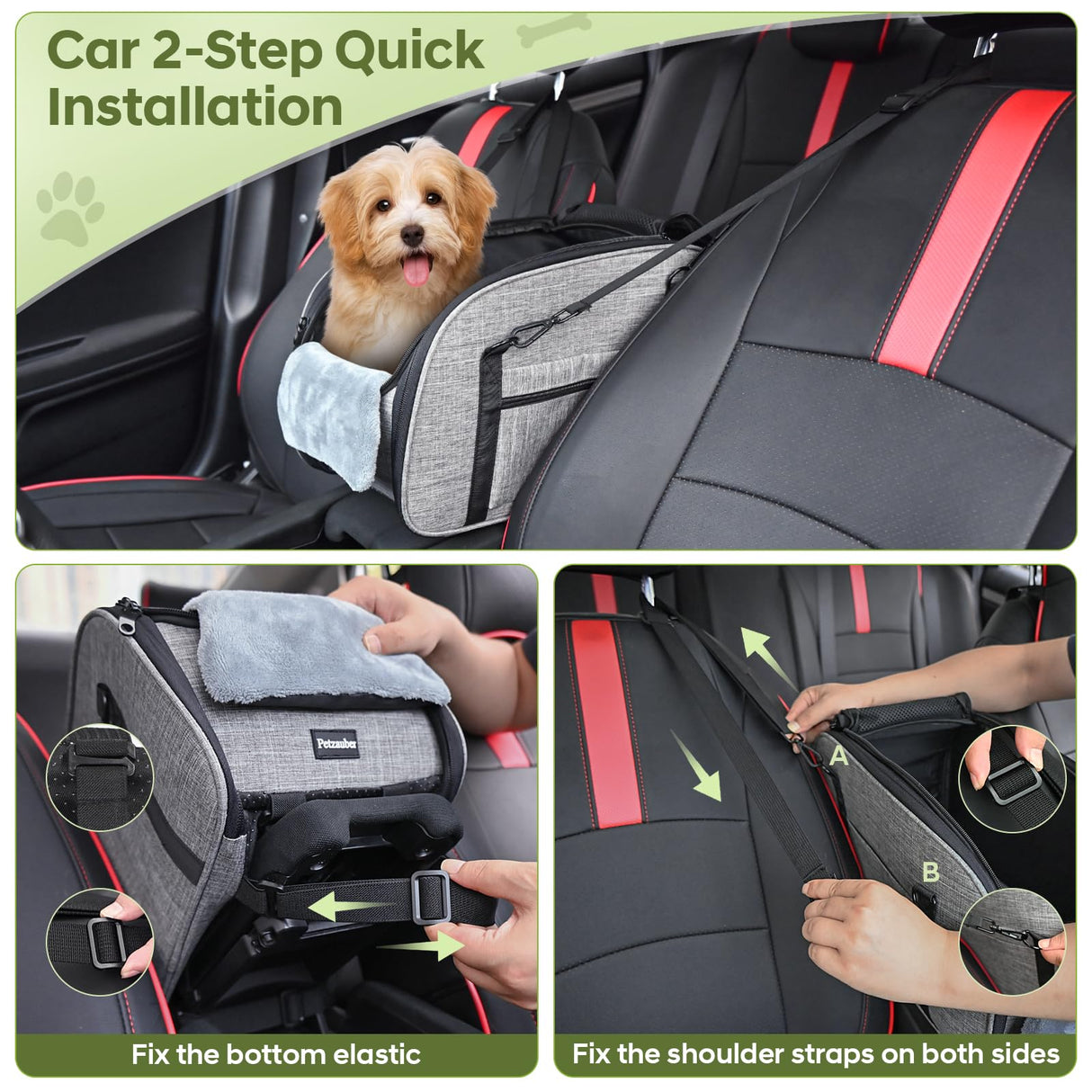 Petzauber Dog Car Seat for Small Dog - Center Console Dog Car Seat with Double Protection Safety Belt and Non-Slip Bottom, Portable Pet Booster Seat with Washable Cushion & Storage Pocket, Grey
