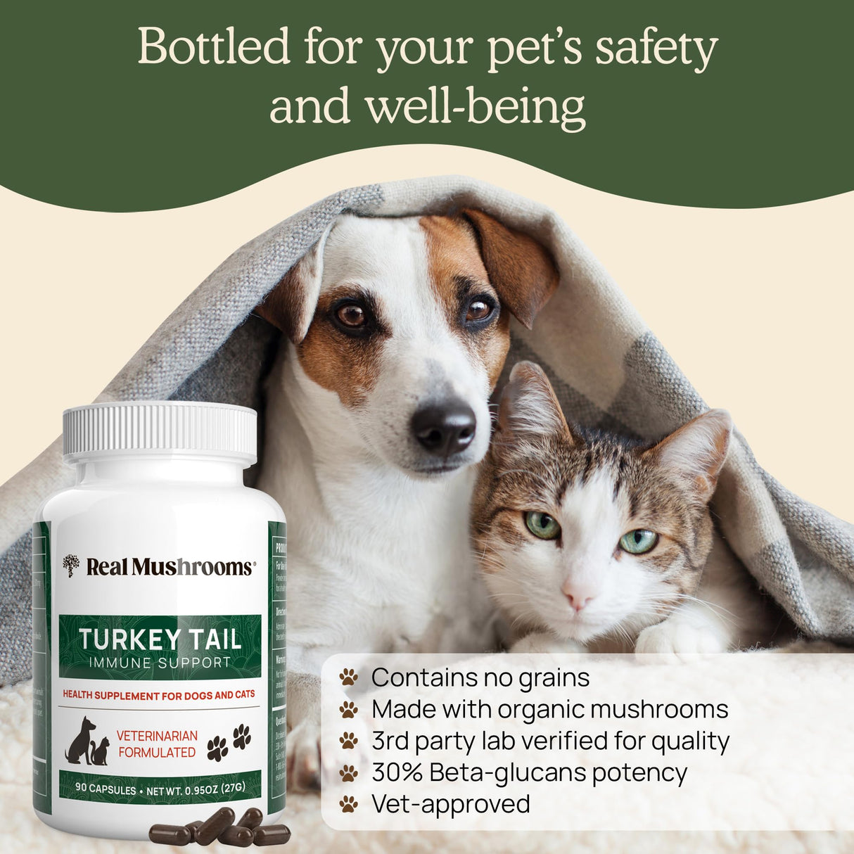 Real Mushrooms Turkey Tail Capsules for Pets –Cat Probiotics & Dog Vitamins – Organic Mushroom Supplement for Dogs & Cats – Supports Daily Balance & Well-Being Non-GMO, 90 ct
