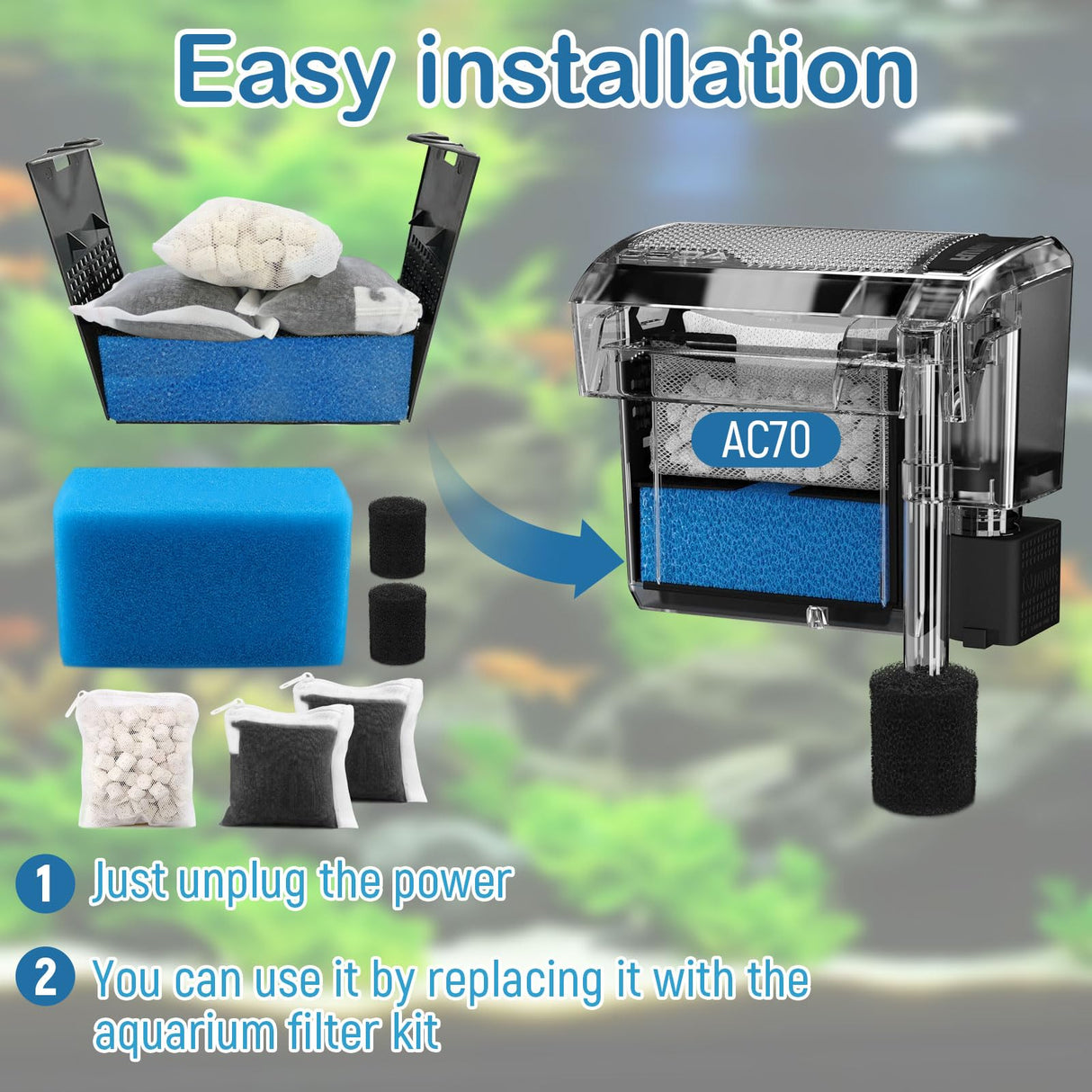 Aquarium Media Maintenance Kit Replacement for Fluval AC70 Power Filter, Includes 1 Blue Foam Filters, 2 Intake Strainer Sponge,1Pack Ceramic Rings and 2 Pack Activated Carbon, for 70 Gallon Aquariums
