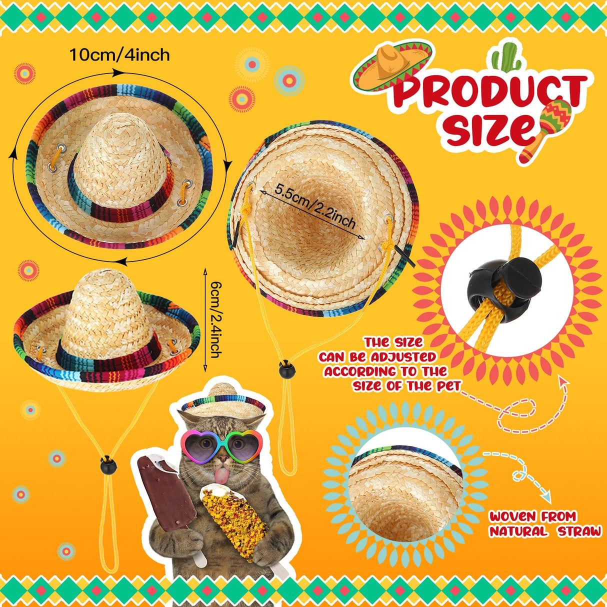 Tudomro 20 Pieces Dog Sombrero Hat Mini Pet Straw Hat Dog Mexican Costume for Small Pets Puppy Cat Chihuahua Decoration(Vivid Style)