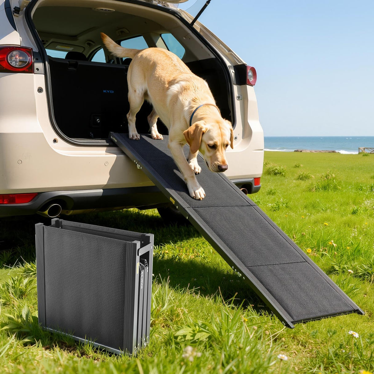 VEVOR Dog Ramp for Cars, 63" L x 17" W, Folding Pet Ramps for Medium & Large Dogs up to 250lbs, Pet Stair Ramp with Non-Slip Oxford Fabric Surface, Portable Outdoor Dog Car Ramps for SUV & Truck