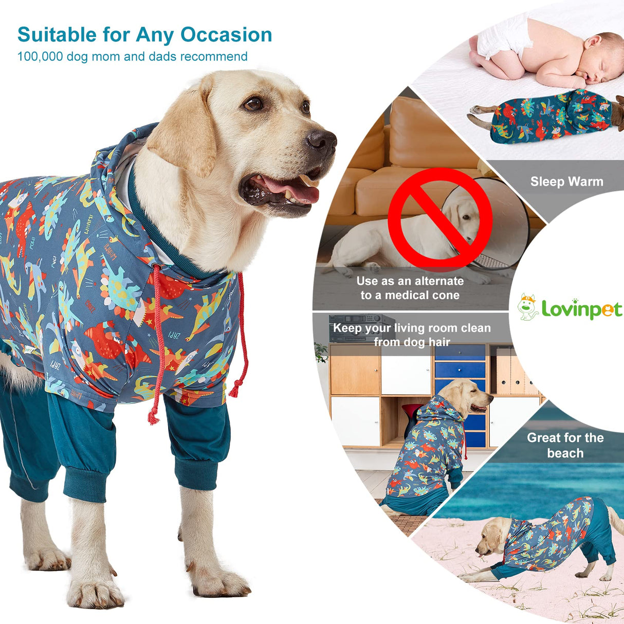 LovinPet Dog Pajamas: Lightweight Onesie, Large Dog Pjs, Reflective Stripe, Super Dinos Navy Print, Surgical Recovery Clothes /3XL