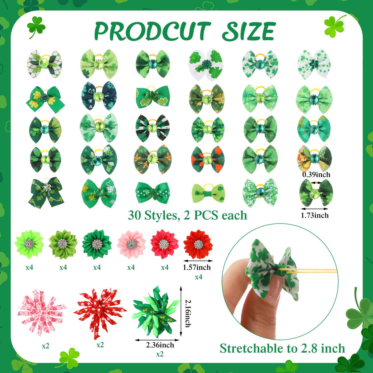 Kacctyen 150 Pcs St. Patrick's Day Dog Bows with Rubber Bands St. Patrick's Day Flower Yorkie Dog Hair Bow Pet Hair Accessories for Small Medium Puppy Bunny Pet Cat(Heart,Clover)