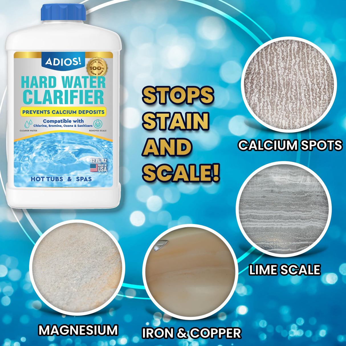 ADIOS! Hot Tub Hard Water Calcium Remover with Scale and Stain Clarifier, Soften Treat and Reduce Spa and Pool Deposits - Quart (32 oz)