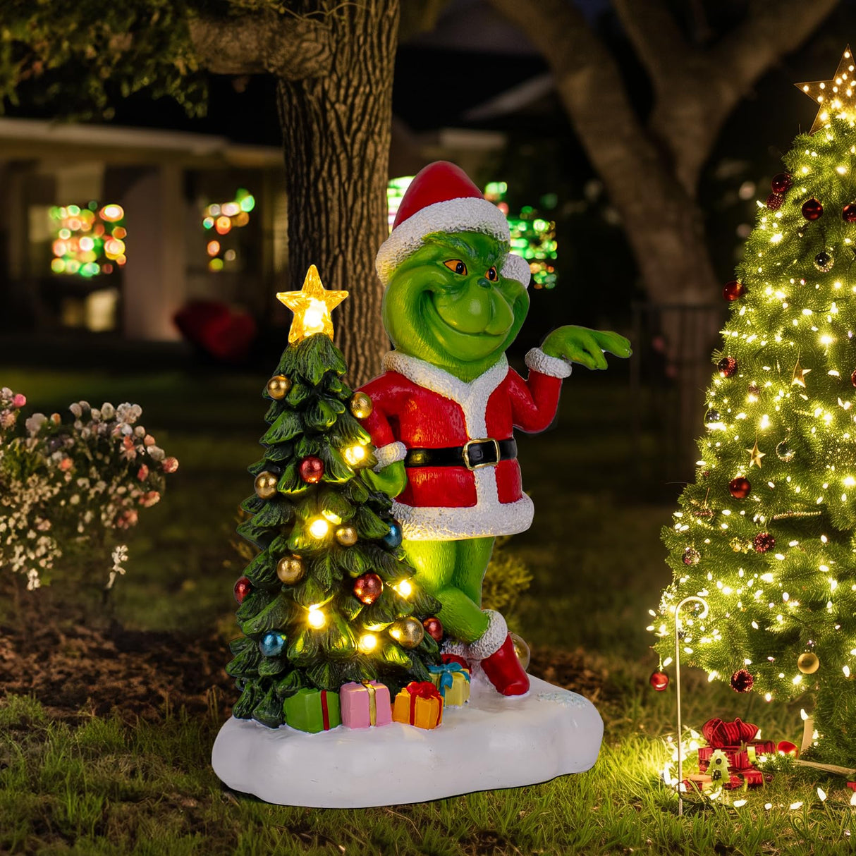 YDKOJGW Solar Garden Outdoor Statues with Christmas Tree and LED Lights,Lawn Christmas Decorations Statues for Patio,Balcony,Yard Ornament,Unique Housewarming, Birthday Gifts for Mom Grandma