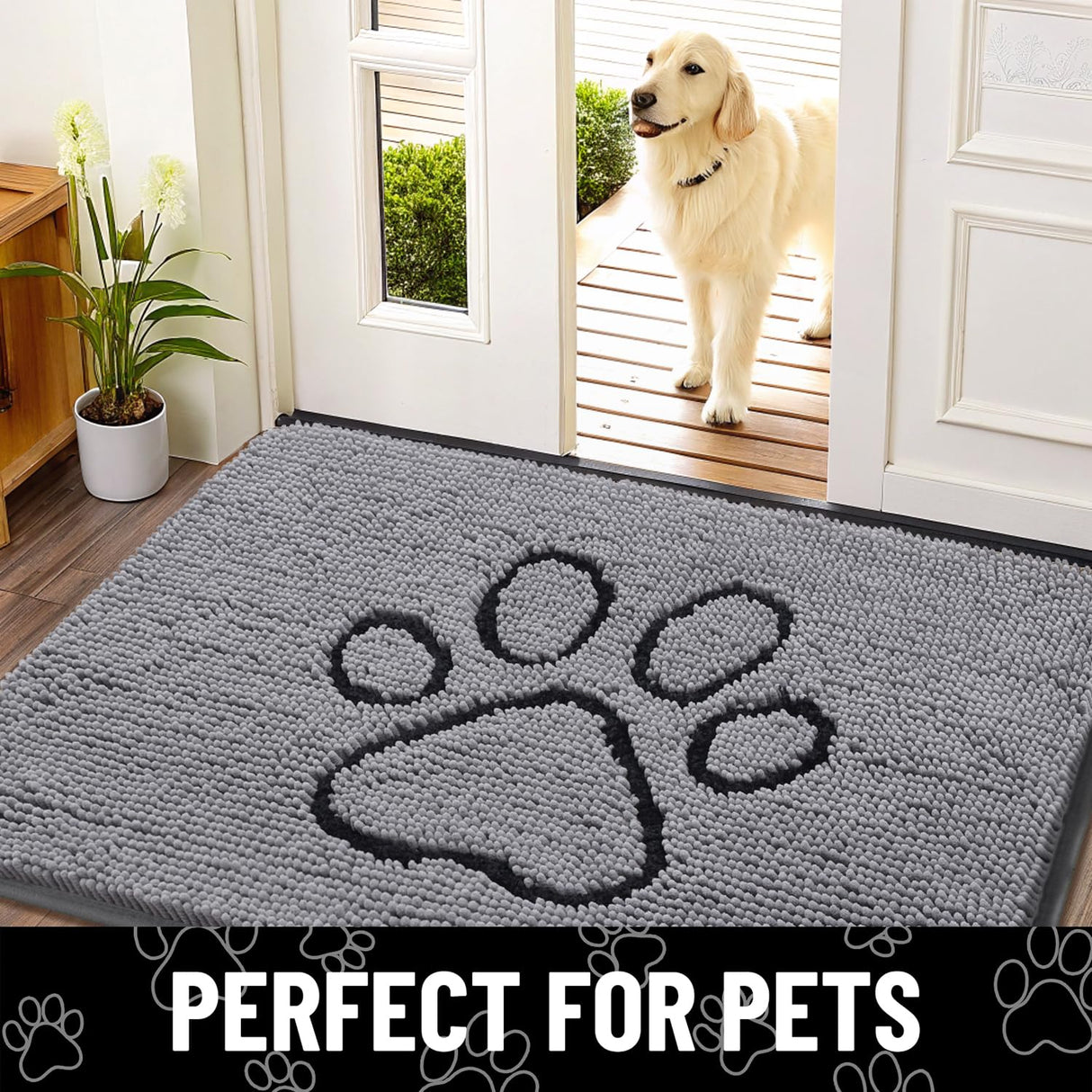Smiry Dog Door Mat for Muddy Paws, Absorbent Dirt Trapper Non Slip Quick Dry Washable Chenille Mat for Mud Dogs, Entry Rug for Indoor and Outdoor (48x30 Inches, Grey and Black)