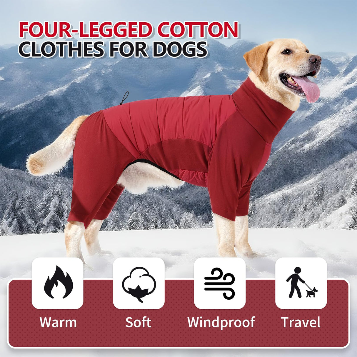BRKURLEG Full Body Dog Winter Coat Warm Fleece Pullover Pajamas, Four Legs Covered Windproof Dog Jacket for Small to Large Dogs, Turtleneck Dogs Snowsuit, Pet Cold Weather Clothes, Red XXXL
