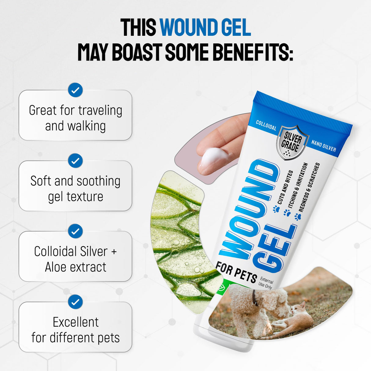 Wound Gel Tube for Pets – Dog Wound Care with Silver & Aloe – Cat & Dog Hot Spot, Scratches, Cuts, Bites Care – Help with Abrasions & Sores in Horses – Safe Breeds – 2 Oz