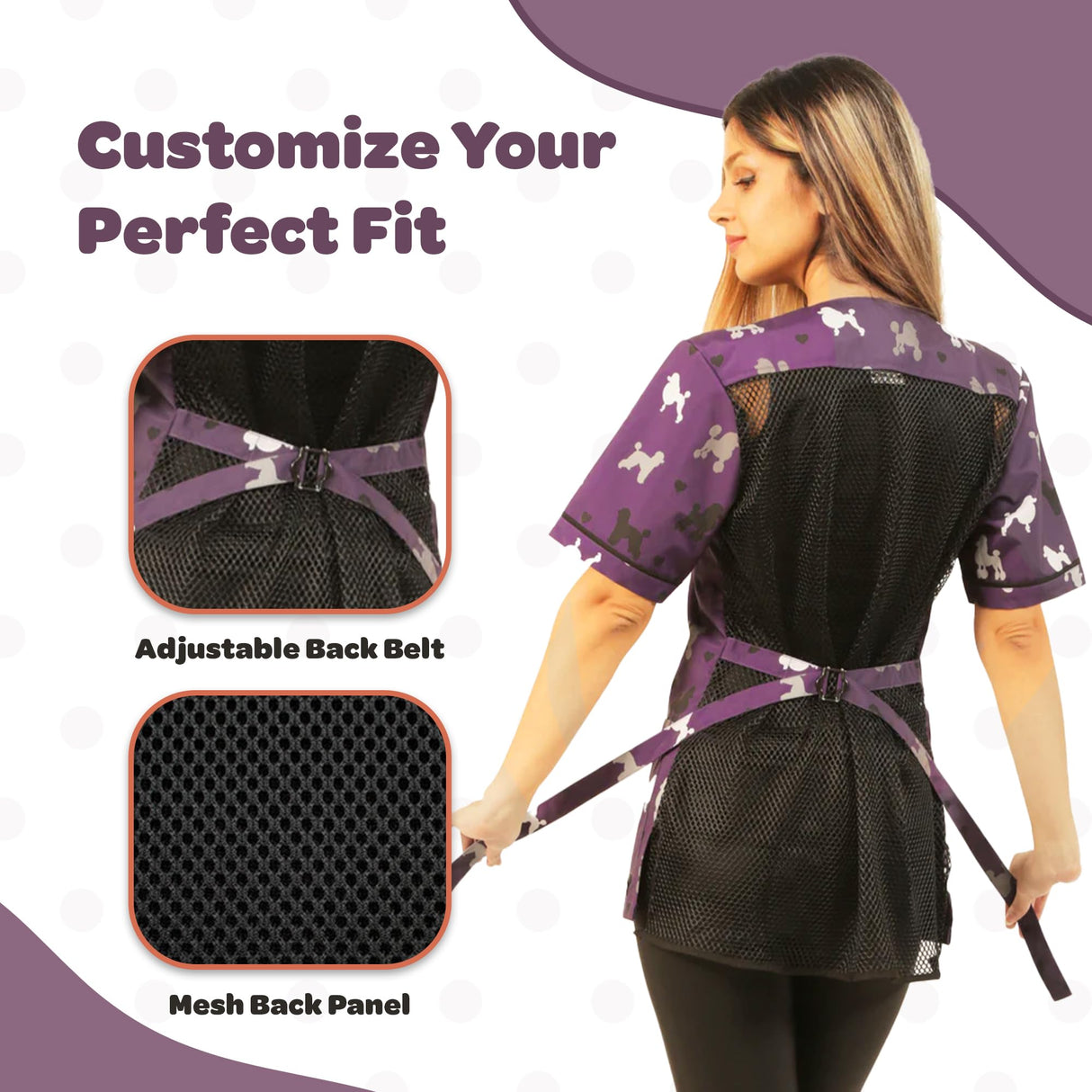 Ladybird Line 710 Purple Poodle Print Waterproof Dog Grooming Smock, Hair and Bleach Resistant with Covered Zipper Panel, Mesh Back, and Back Tie Belt, Ideal for Pet Groomers and Vet Clinics - XL