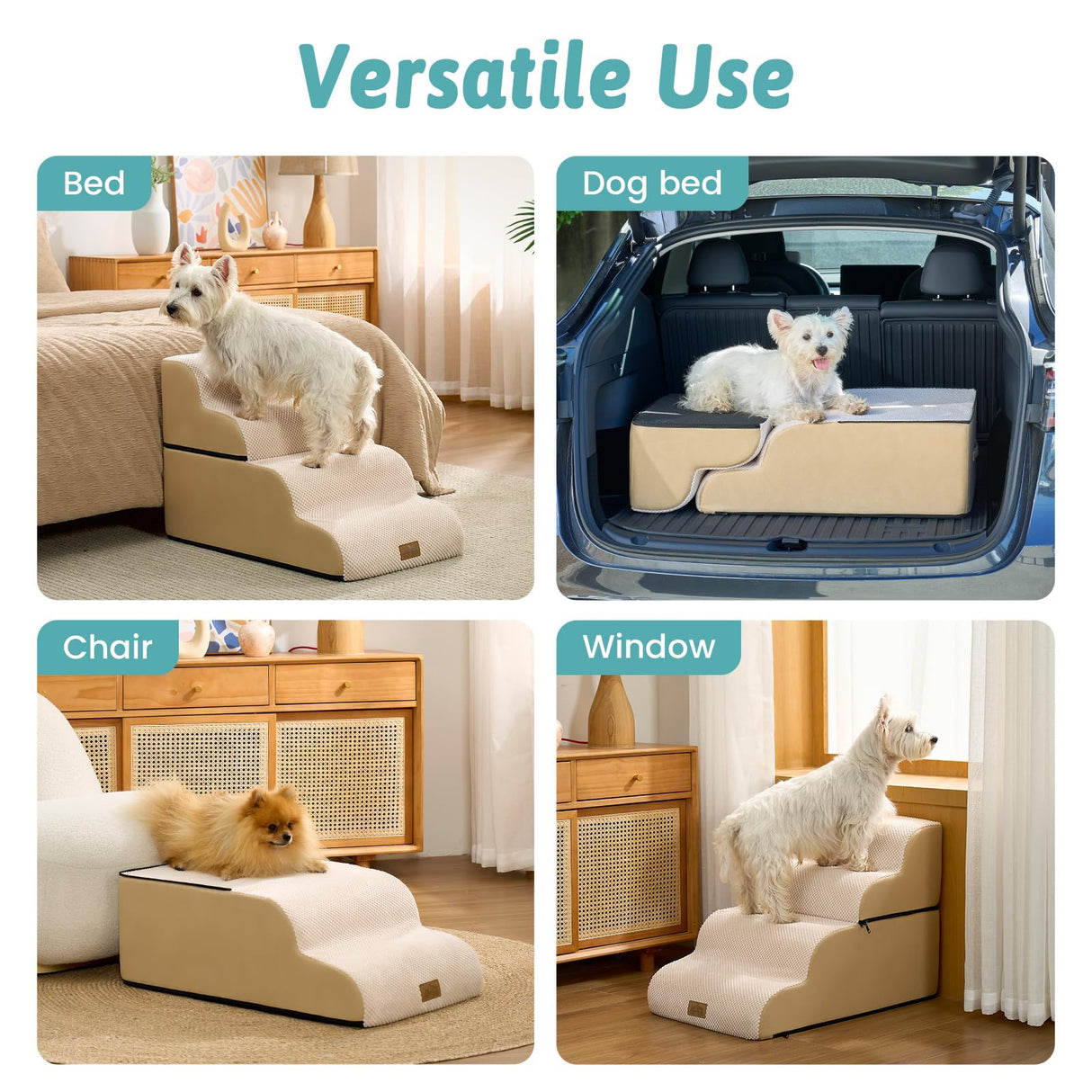 COZY KISS Detachable Curved Wide Dog Stairs 19.7" H, 4 Step Small Dog Step for Puppy or Older Cat, Ramp for Bed, Sofa, Couch or Chair, Ladder with High Density Foam, 17.7x28.3x19.7 inch, Beige