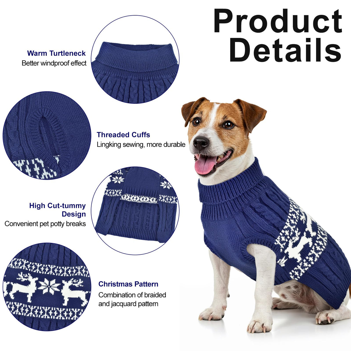 Vehomy Christmas Dog Turtleneck Sweater Christmas Pet Cable-Knit Sweater with Snowflake Pattern Cold Weather Pullover Sweaters Xmas Pet Knitwear Apparel Outfit for Small Medium Large Dogs Navy 3XL