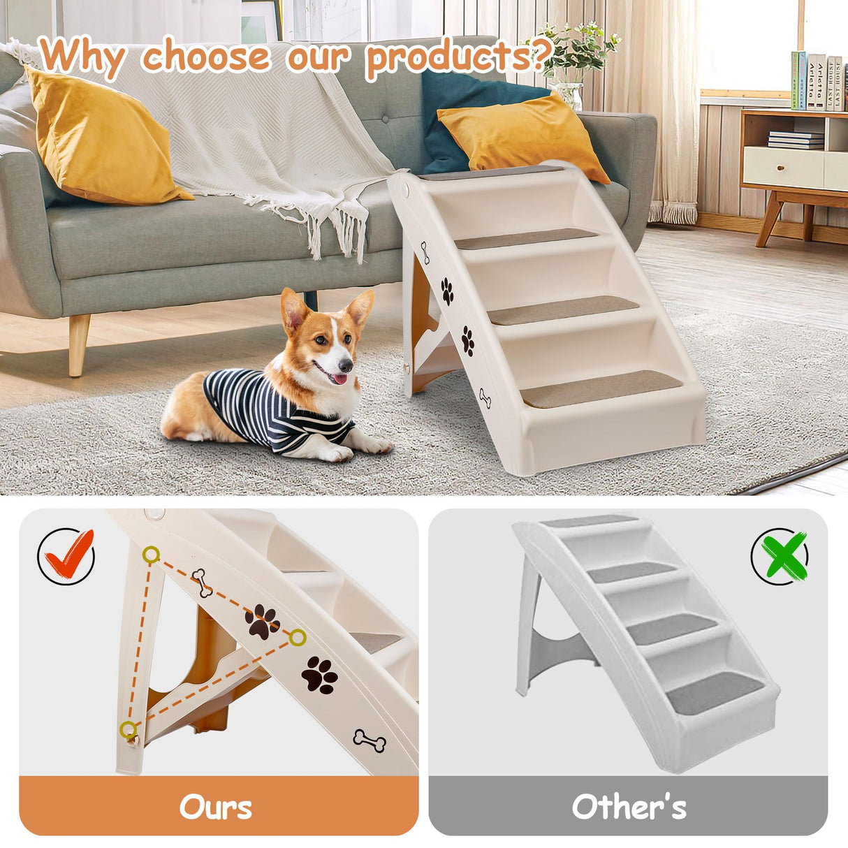 20" H 4-Step Dog Stairs for Small Dogs and Cats, Non-Slip Dog Steps for High Beds, Couch, Sofa, Sturdy Pet Steps (Tan)