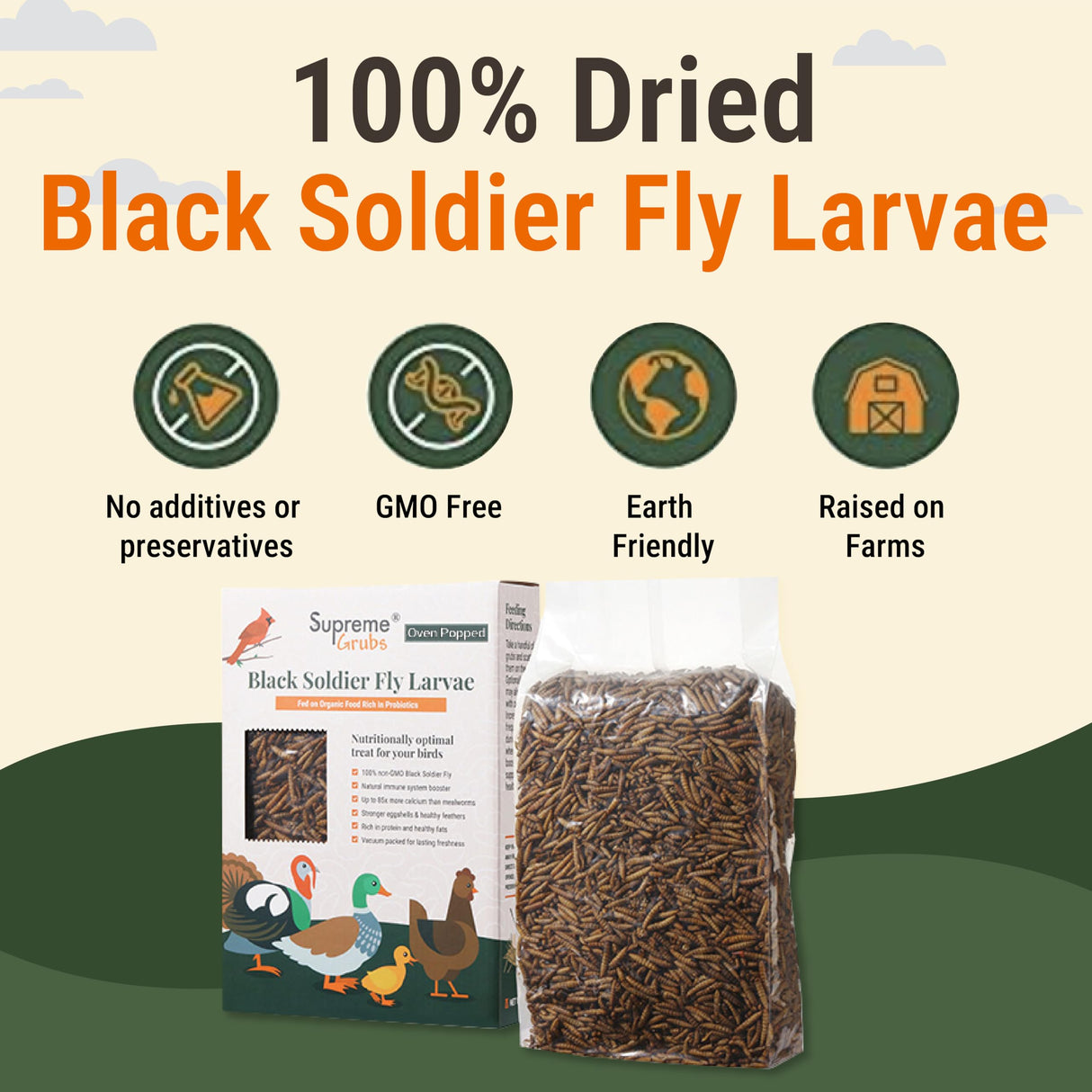 Supreme Grubs Natural Black Soldier Fly Larvae for Chickens, 85X More Calcium Than Mealworms-High Protein Grub Food Chicken Treats for Hens, Probiotic-Rich Chicken Feed, Calcium-Dense Bird Treat 5lb